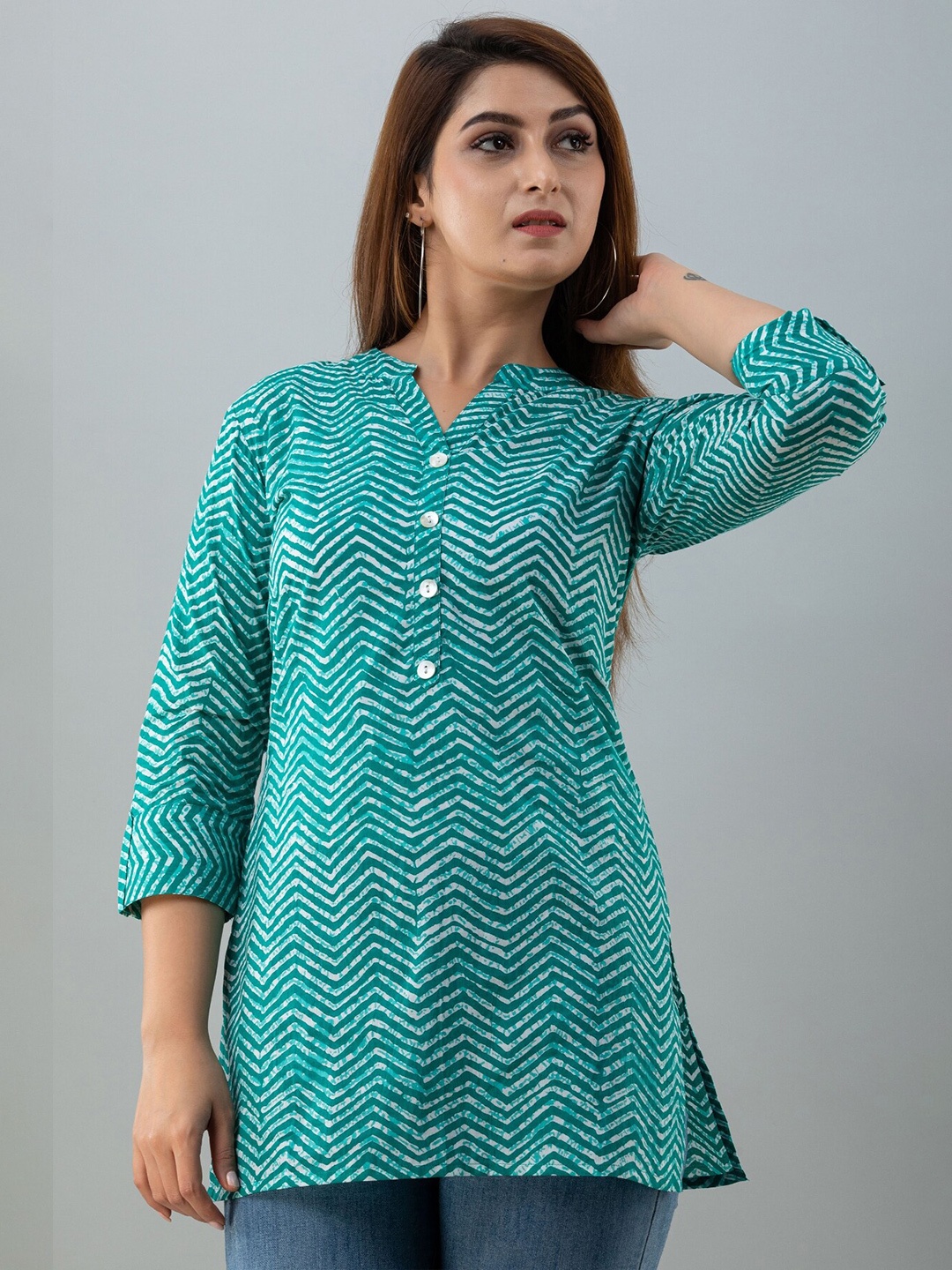 

IRIDAA JAIPUR Turquoise Blue & White Mandarin Collar Printed Cotton Tunic