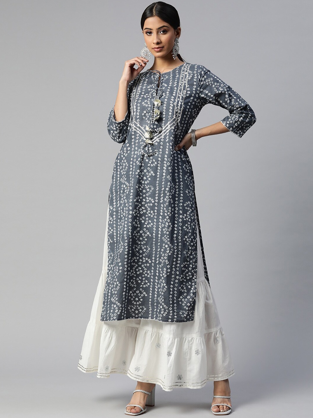 

IRIDAA JAIPUR Women Grey Bandhani Printed Pure Cotton Kurta with Sharara