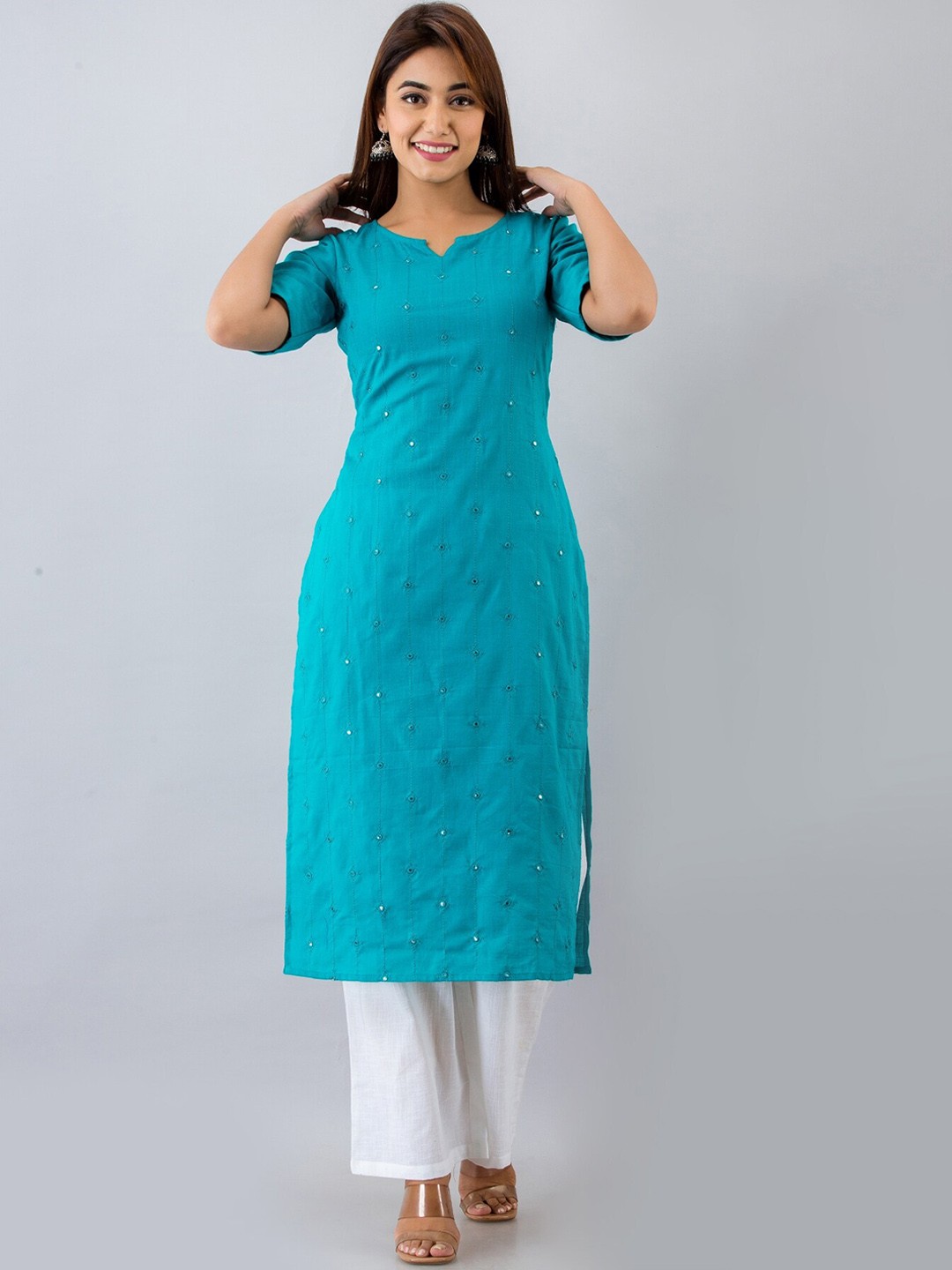 

IRIDAA JAIPUR Women Turquoise Blue Mirror Work Kurta with Palazzos