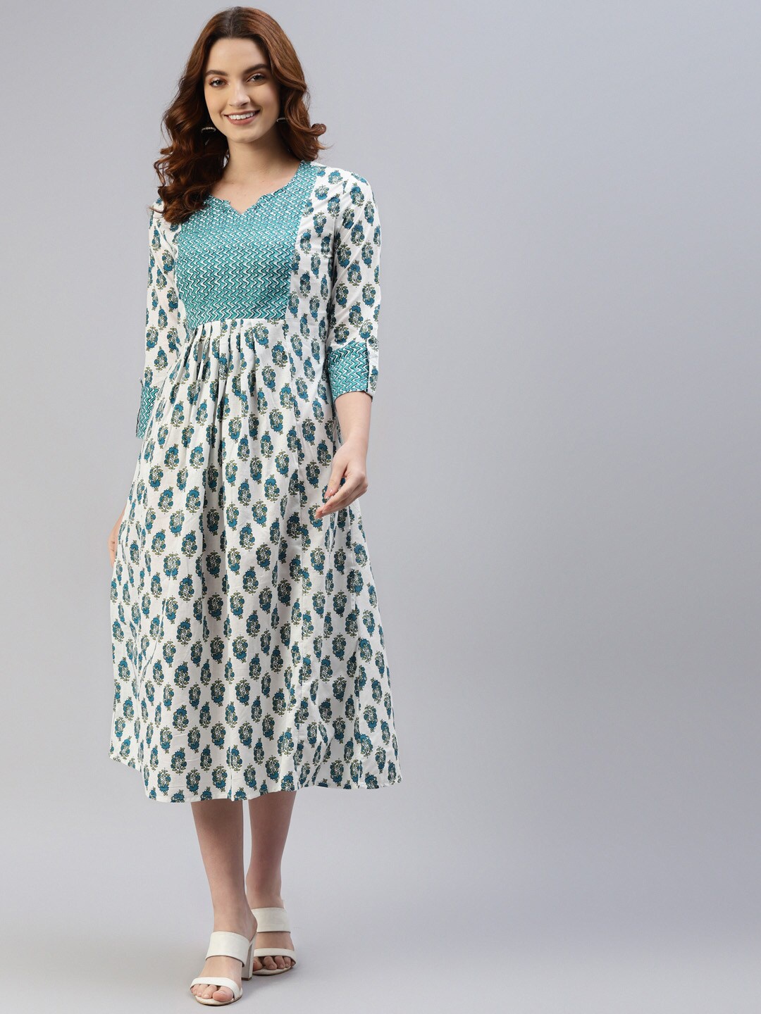 

IRIDAA JAIPUR White & Turquoise Blue Ethnic Motifs Ethnic A-Line Midi Cotton Ethnic Dress