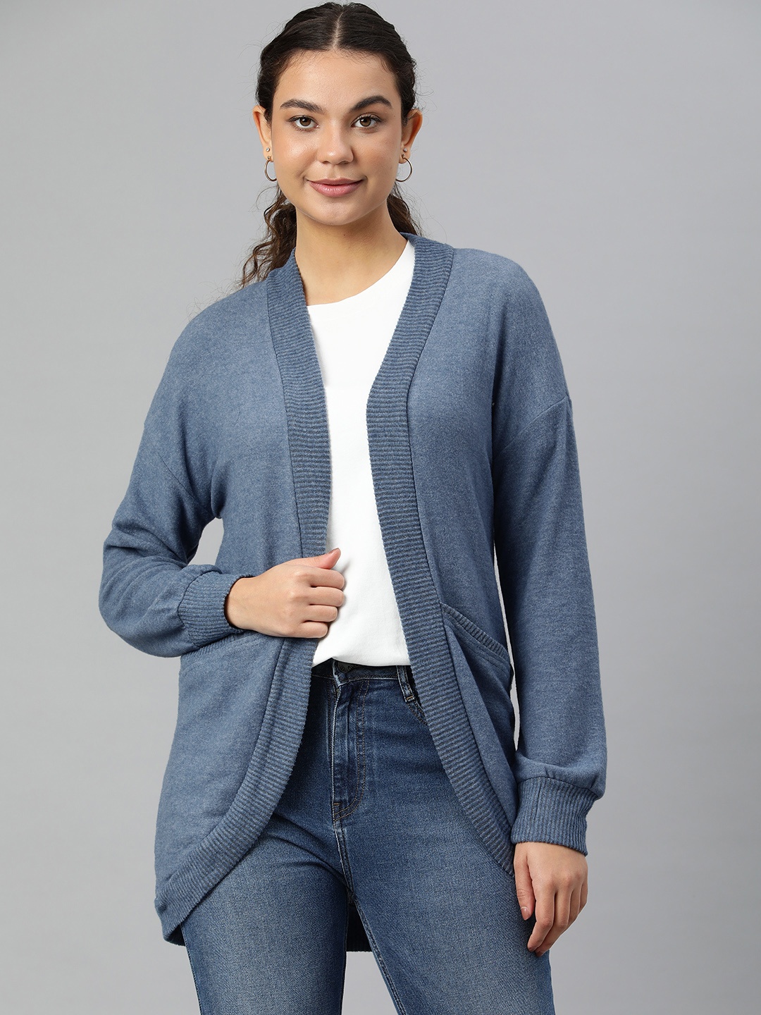 

London Rag Women Fine Knit Front-Open Sweater, Blue