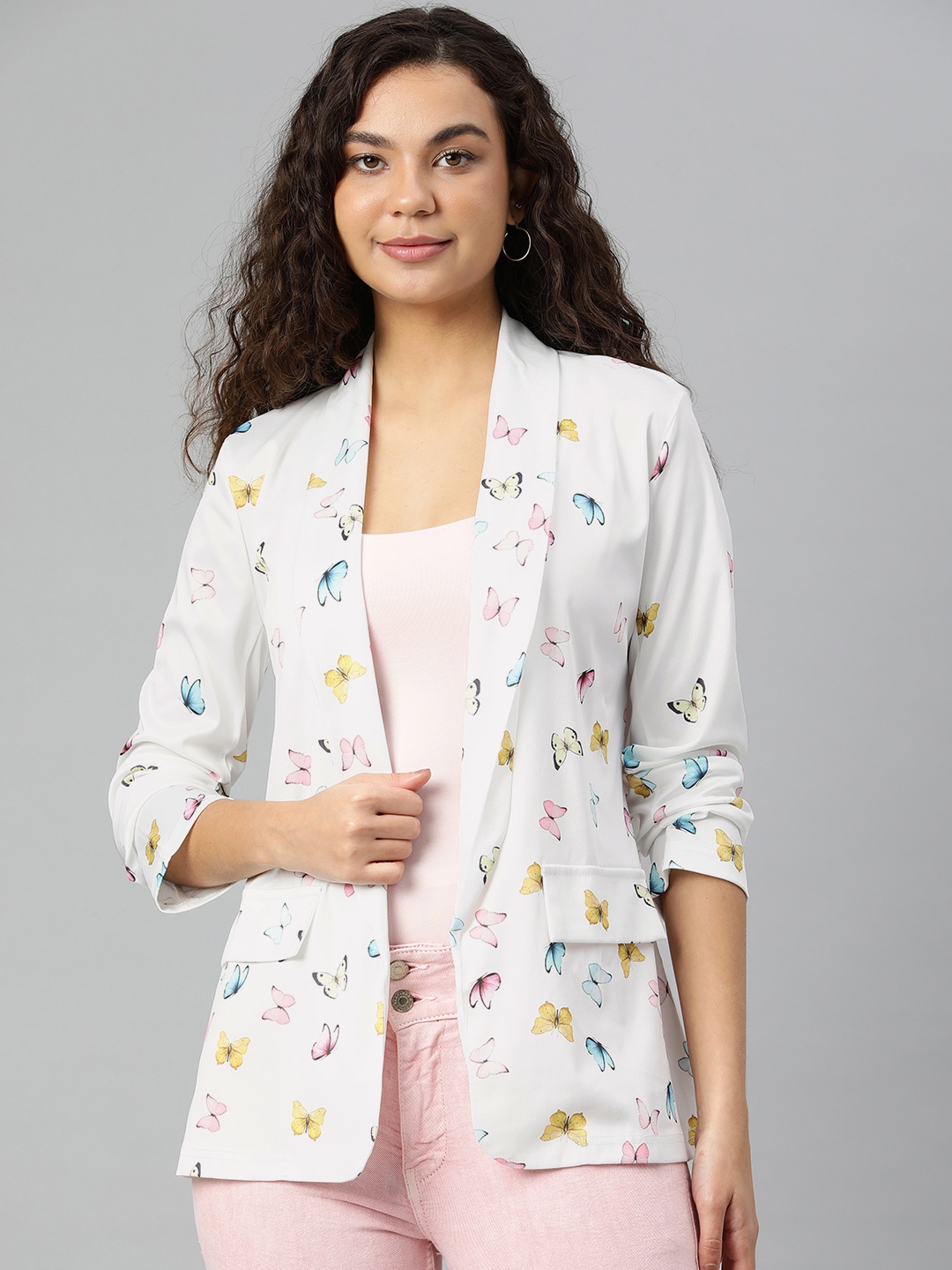 

London Rag Women Printed Open-Front Casual Blazer, White