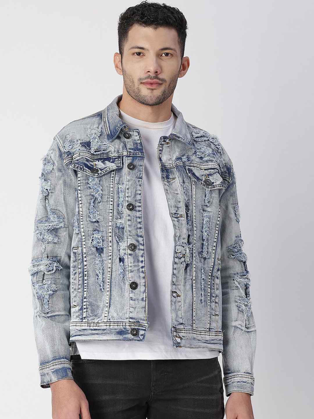 

WAIMEA Men Blue Self Design Washed Denim Cotton Jacket