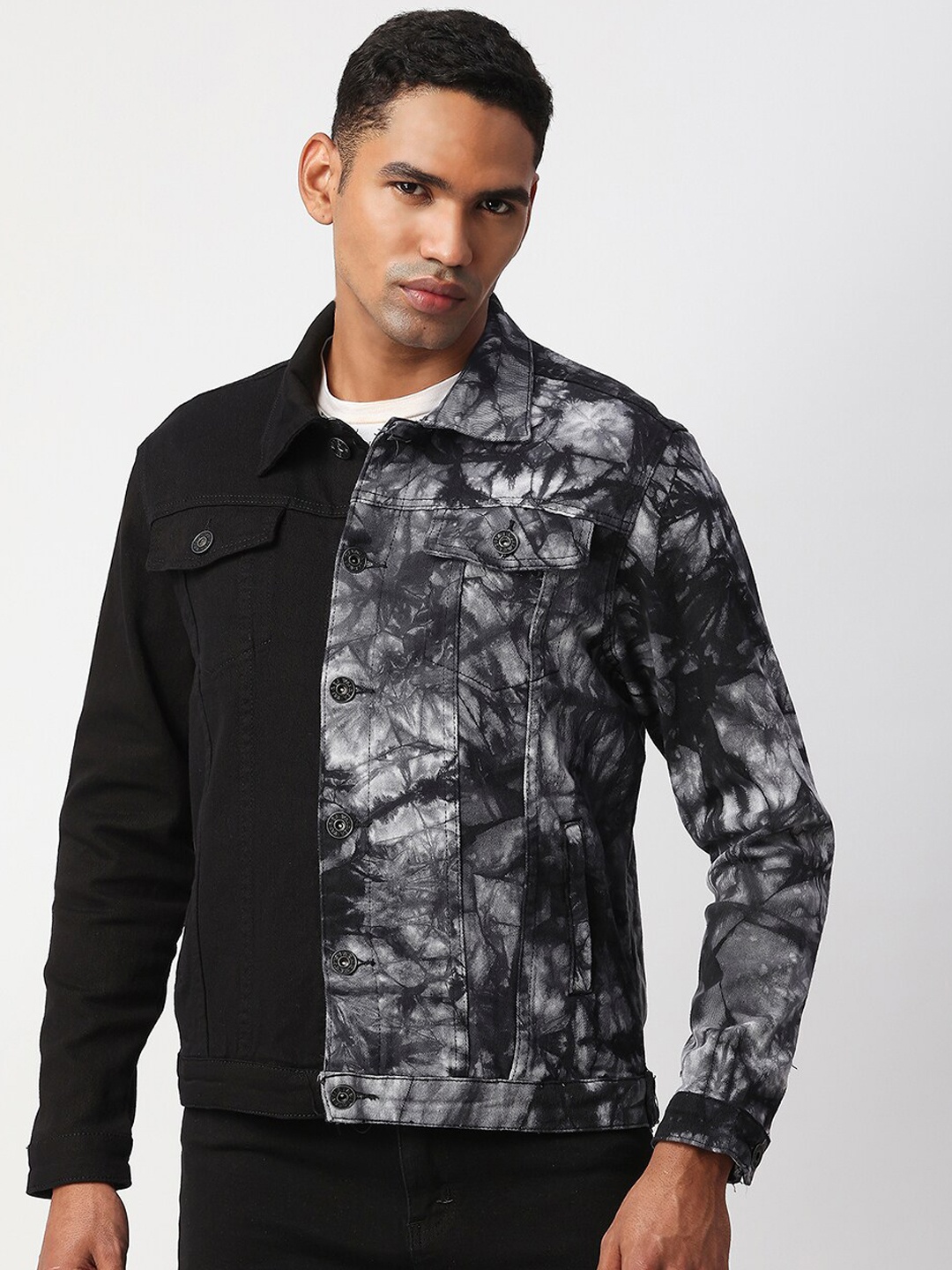 

WAIMEA Men Black Grey Tie and Dye Cotton Tailored Jacket