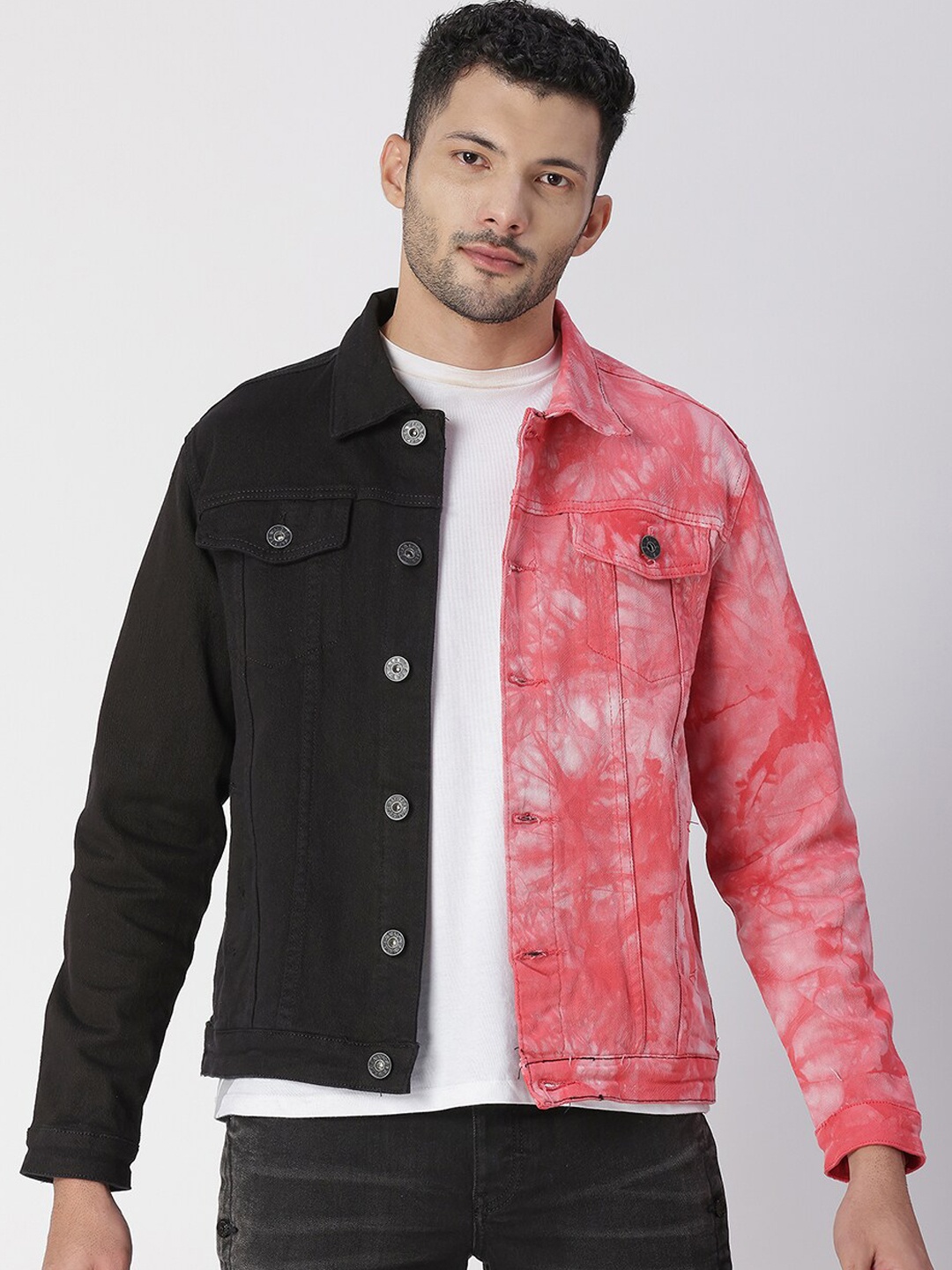 

WAIMEA Men Black Pink Tie and Dye Cotton Denim Jacket