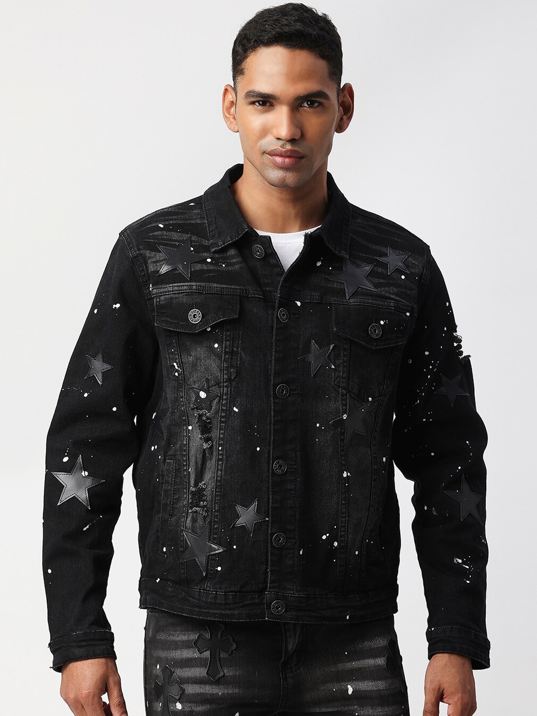 

WAIMEA Men Black Star Patched Washed Cotton Denim Jacket