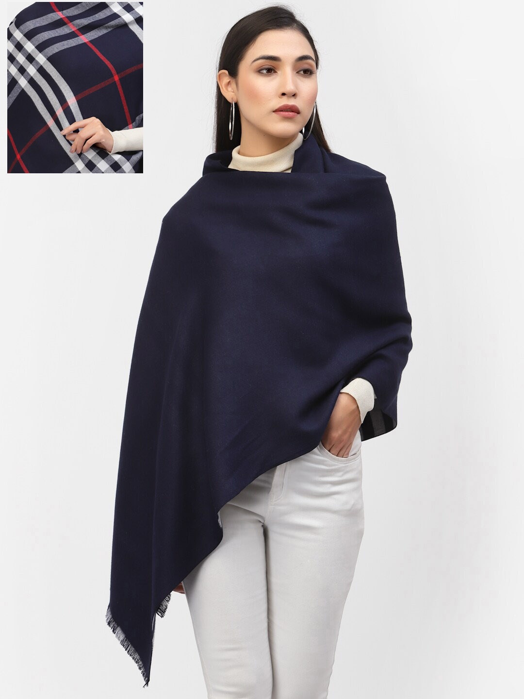 

Calvadoss Women Navy Blue & White Checked Reversible Shawl