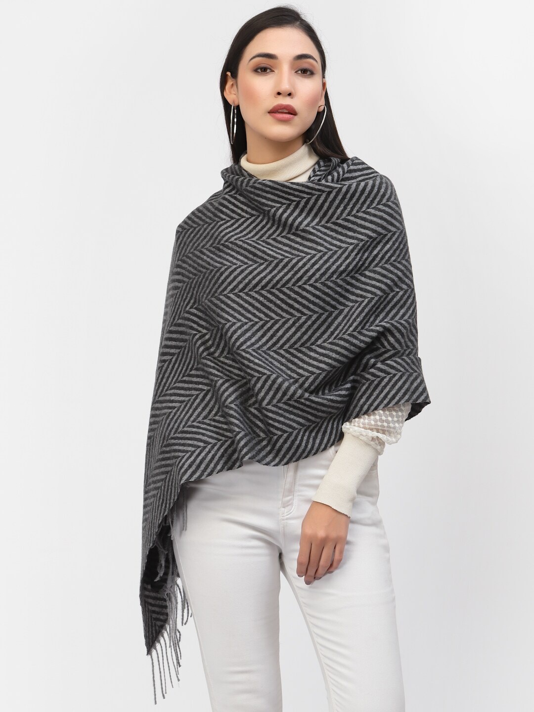 

Calvadoss Women Black Woven-Design Striped Patterned Shawl