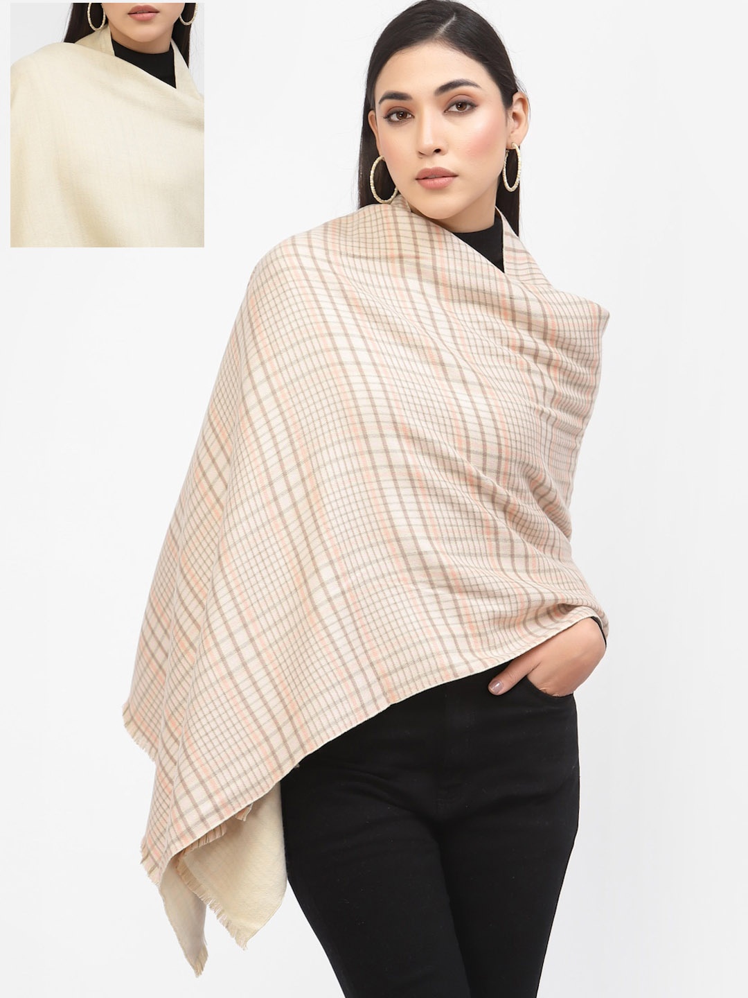 

Calvadoss Women Beige Checked Woven-Design Reversible Shawl