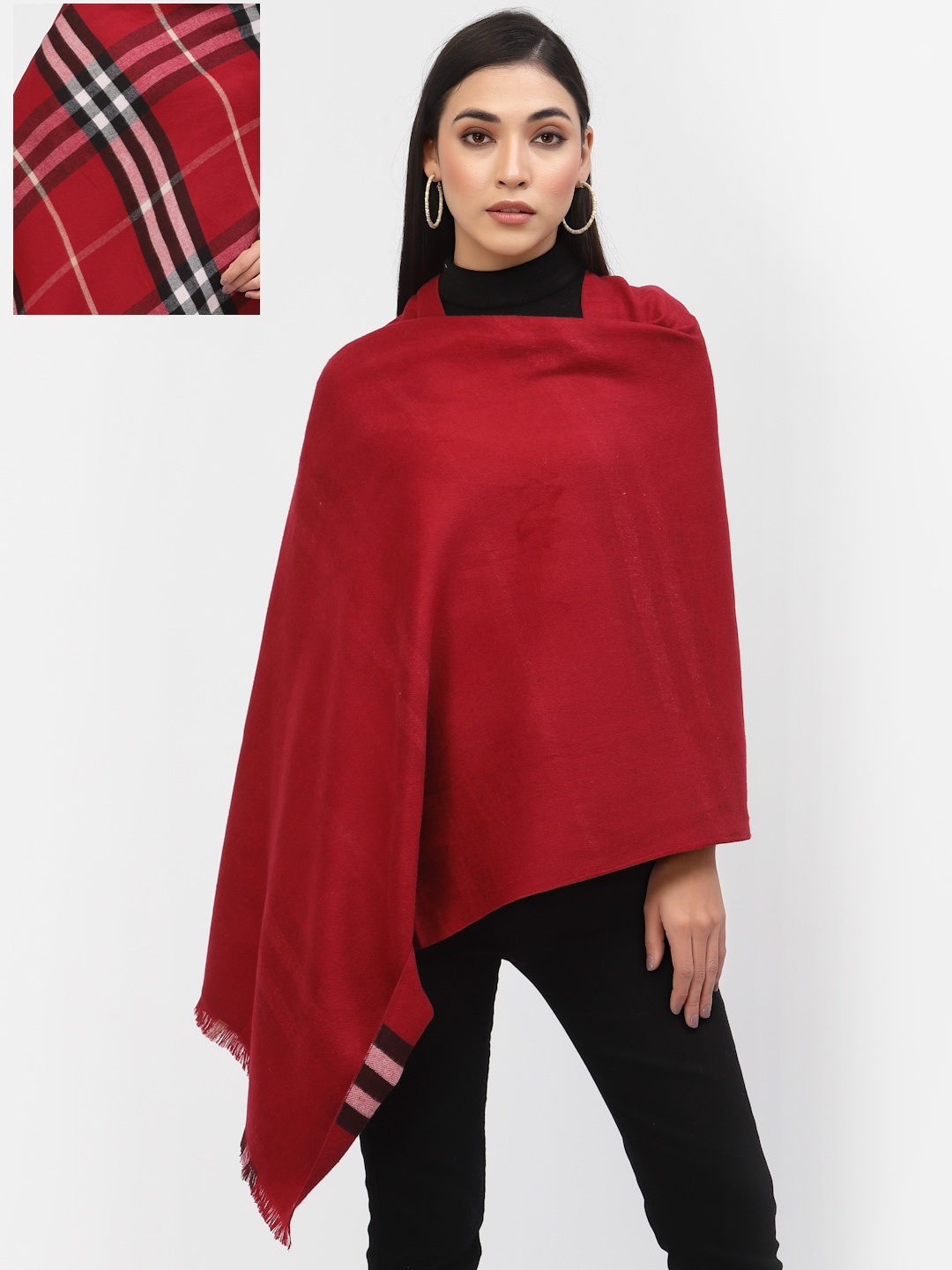 

Calvadoss Women Red & Black Checked Reversible Shawl