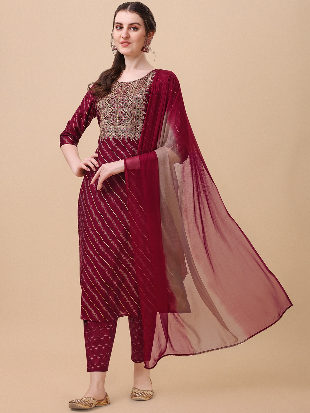 

Berrylicious Women Maroon Leheriya Chanderi Cotton Kurta with Trousers & Dupatta