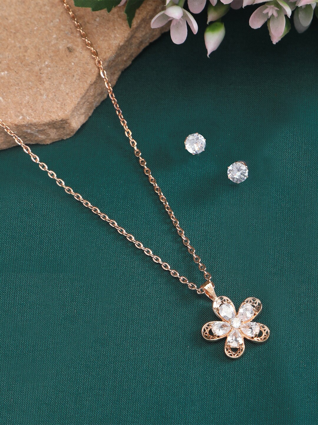 

ZINU White Cubic Zirconia Studded Rose Gold-Plated Necklace with Pendant and Earrings.