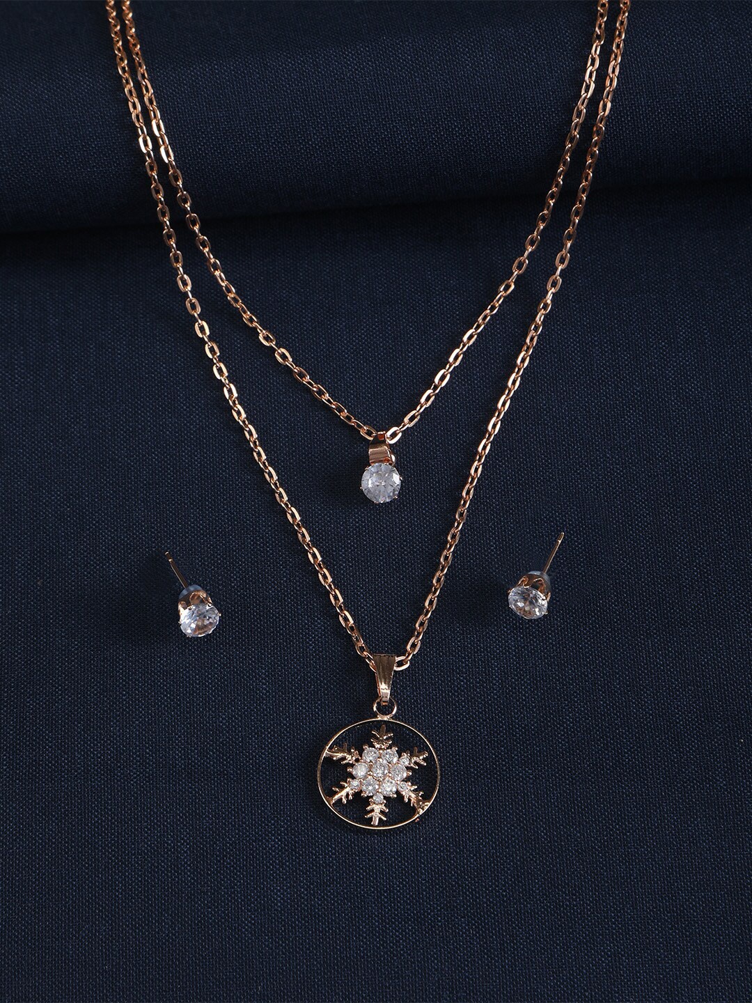

ZINU White Cubic Zirconia Stud Rose Gold-Plated Layered Necklace with Pendant and Earrings
