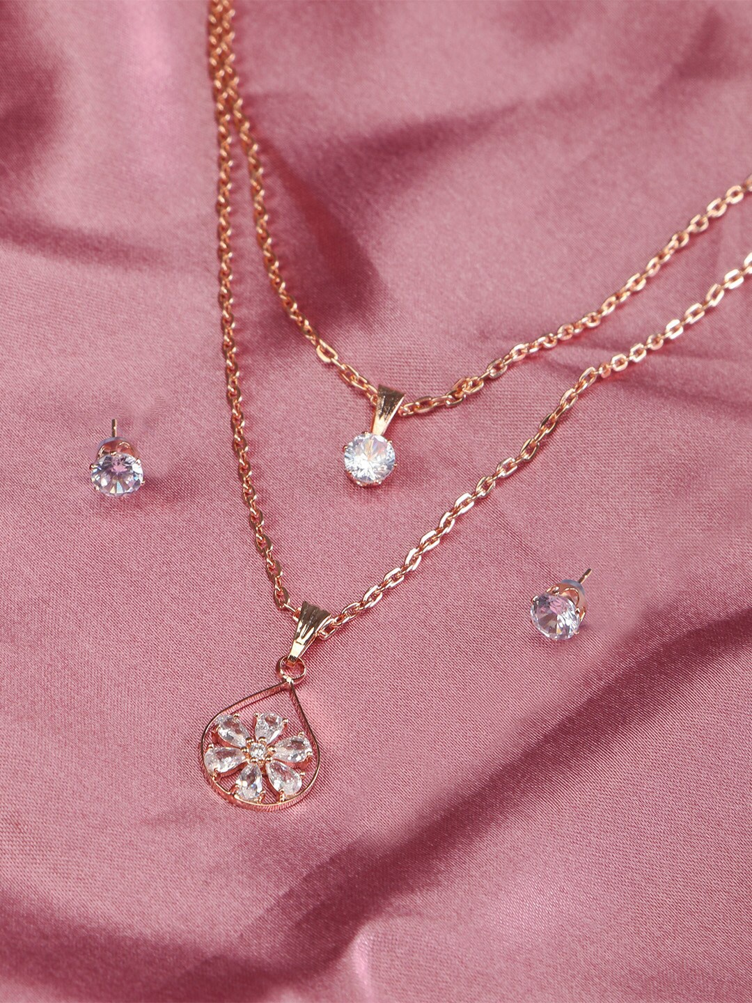 

ZINU White Cubic Zirconia Stud Rose Gold-Plated Layered Necklace with Pendant and Earrings