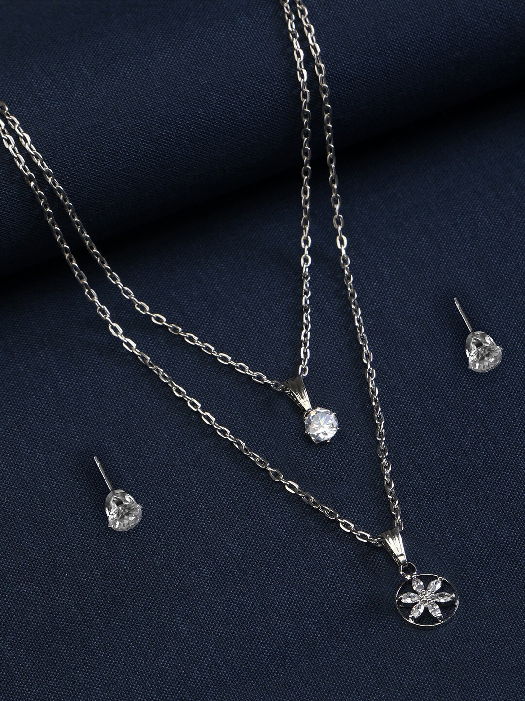 

ZINU White Cubic Zirconia Studded Silver-Plated Layered Necklace with Pendant and Earrings