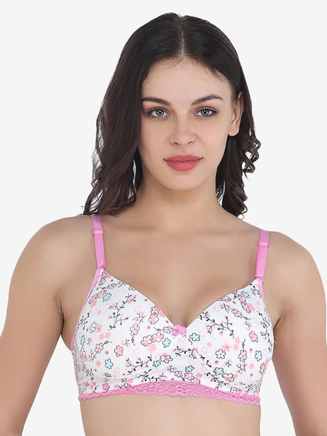 

College Girl White & Pink Floral Printed Lightly Padded Bra