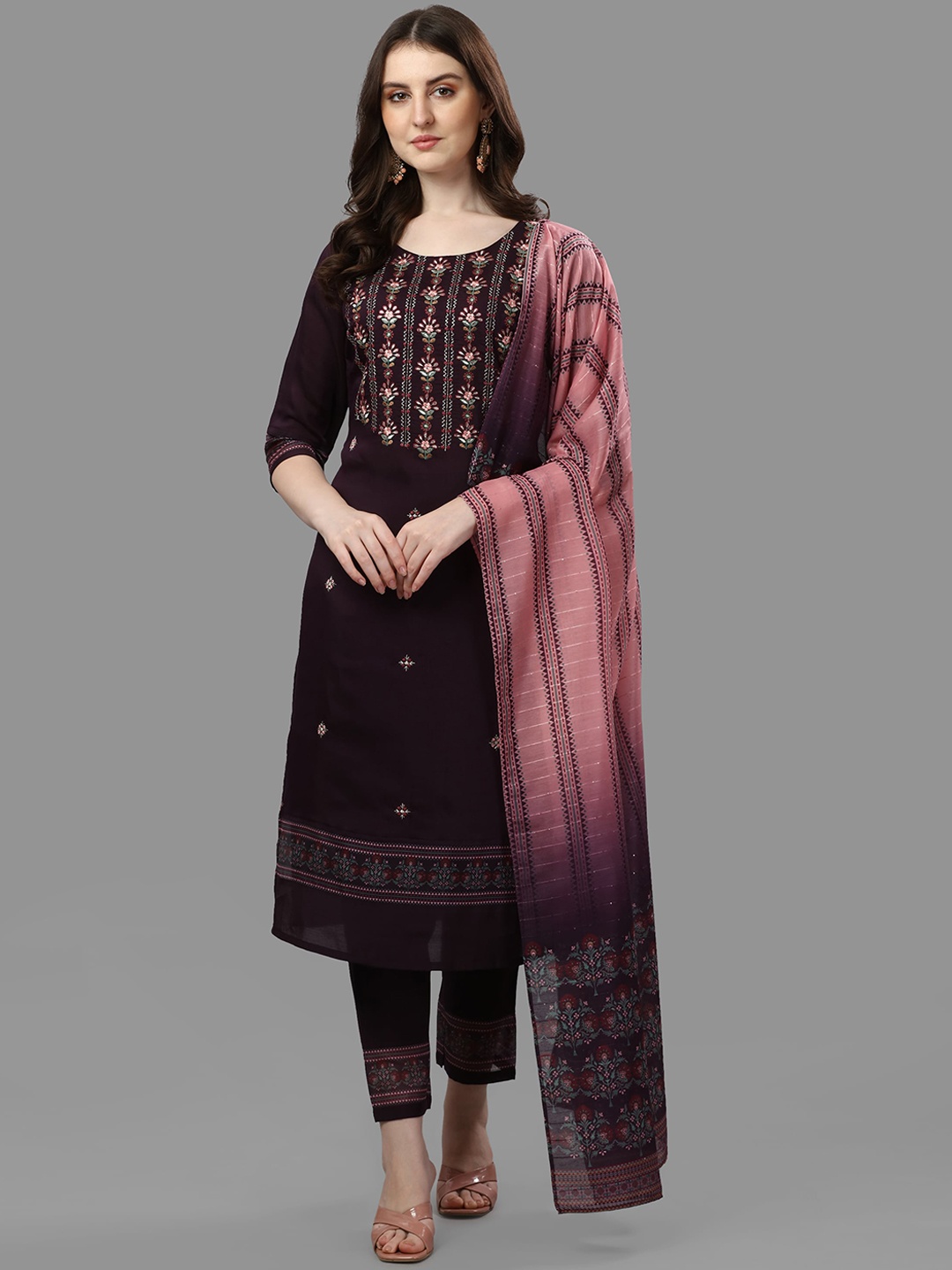 

Berrylicious Women Magenta Ethnic Motifs Chanderi Cotton Kurta with Trousers & Dupatta