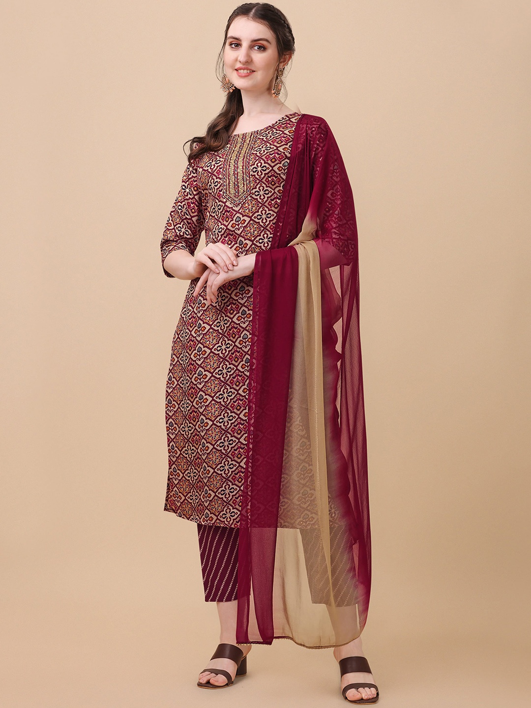 

Berrylicious Women Maroon Ethnic Motifs Printed Pure Cotton Kurta with Trousers & Dupatta