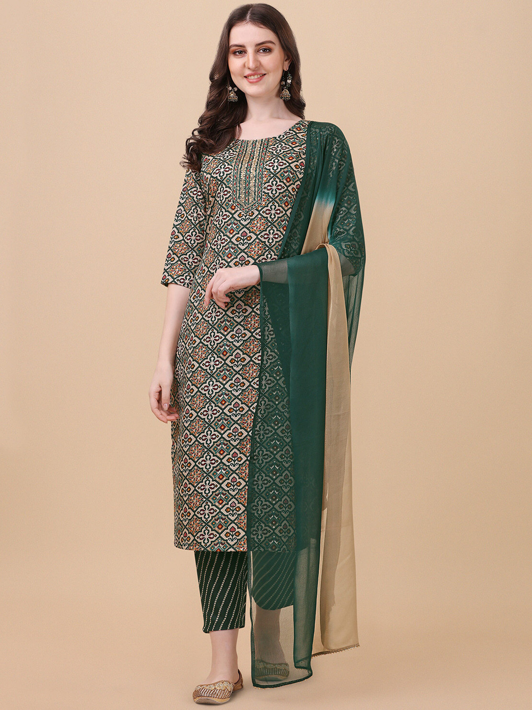 

Berrylicious Women Green Ethnic Motifs Printed Pure Cotton Kurta with Trousers & Dupatta