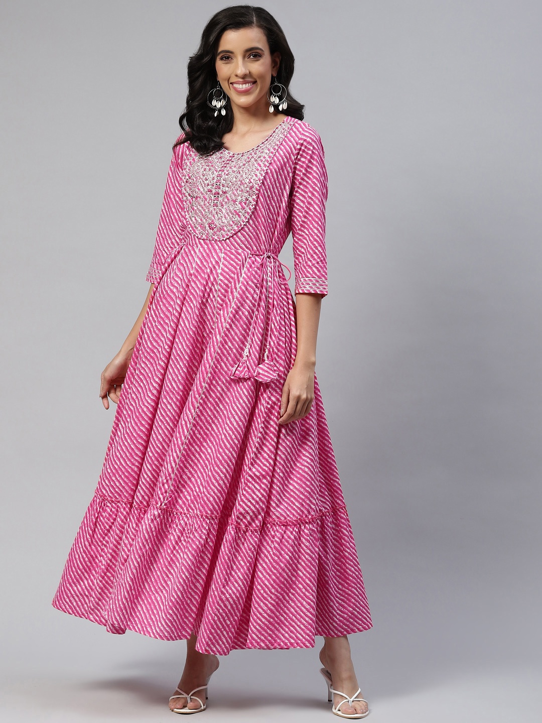 

Readiprint Fashions Pink Leheriya Embroidered Mirror Work Gown With Tie Ups