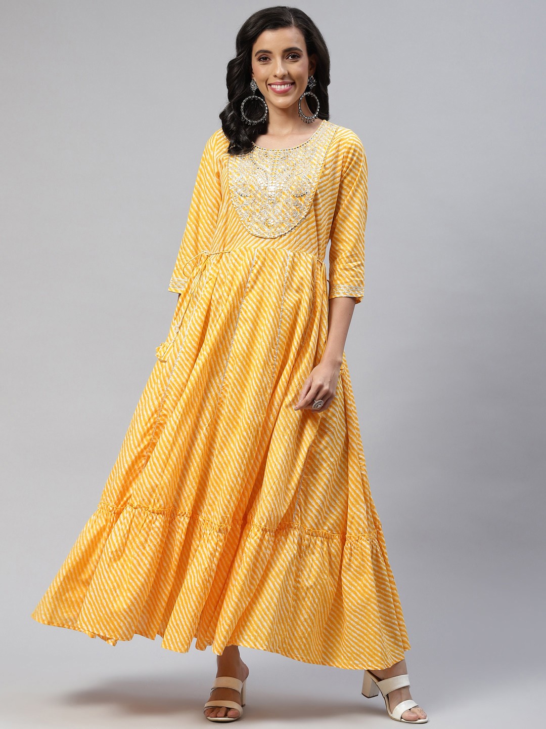 

Readiprint Fashions Yellow & White Cotton Leheriya Embroidered Ethnic Maxi Dress
