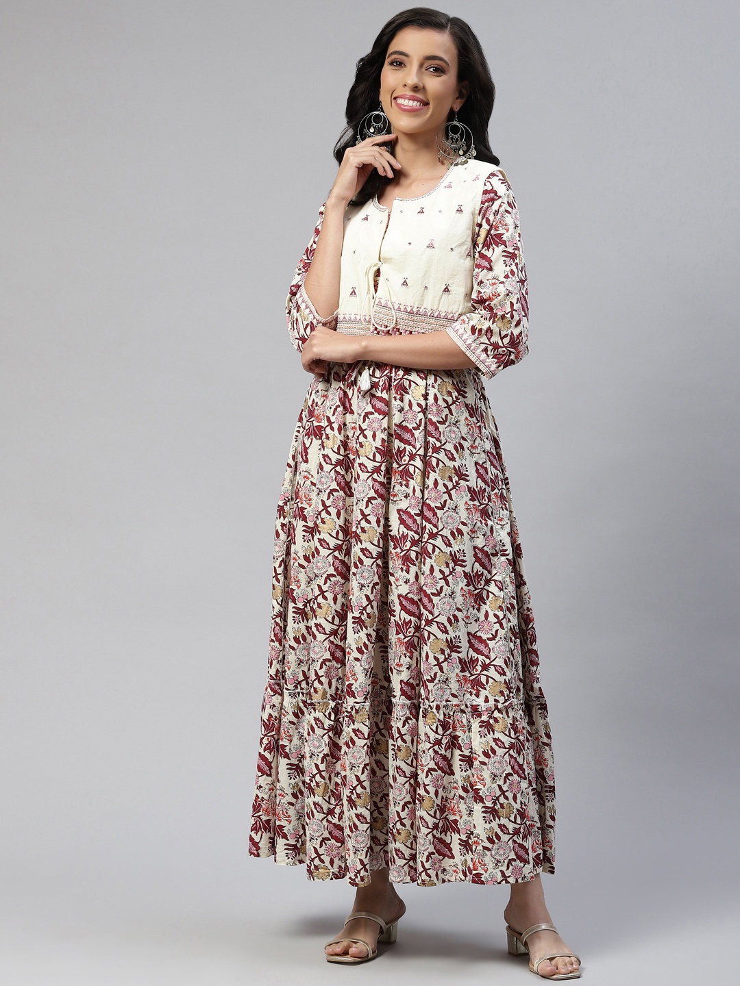 

Readiprint Fashions Beige & Multicoloured Floral Embroidered Ethnic Maxi Dress With Jacket