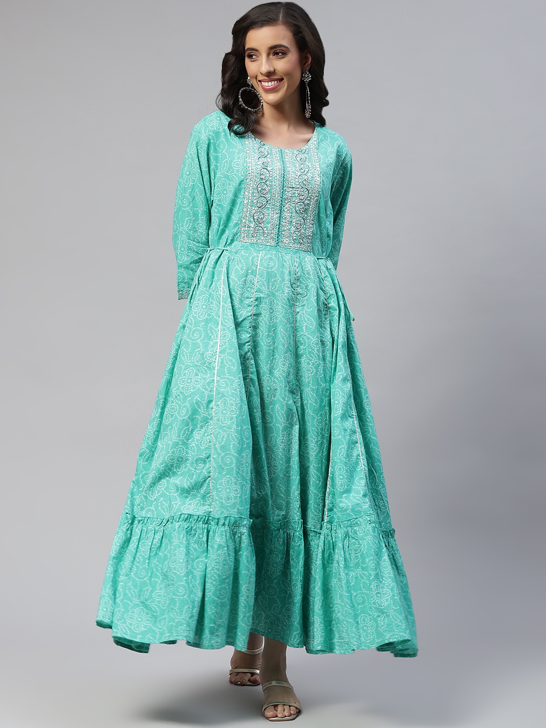 

Readiprint Fashions Sea Green Bandhani Embroidered Maxi Ethnic Dress With Tie-Up Detail