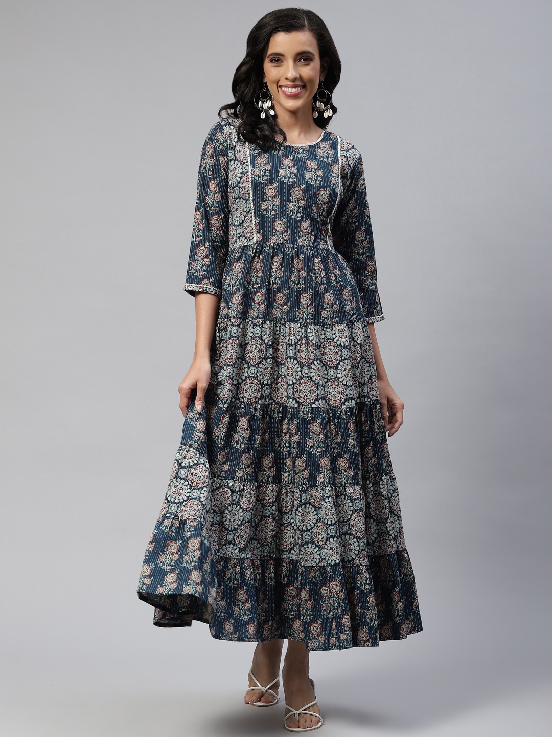 

Readiprint Fashions Navy Blue Cotton Floral Maxi Ethnic Dress With Lace Inserts