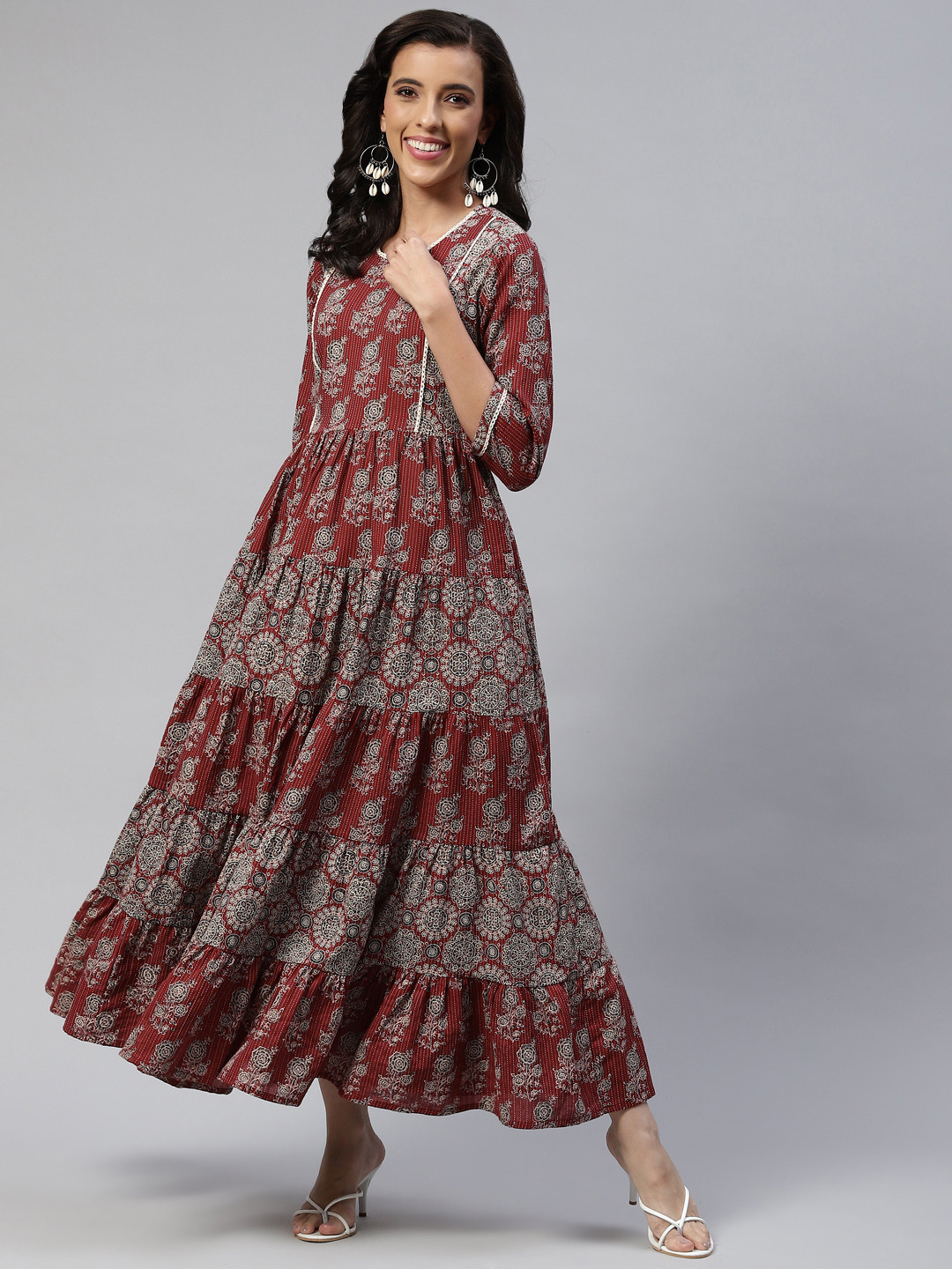 

Readiprint Fashions Red Cotton Floral Maxi Ethnic Dress With Lace Inserts