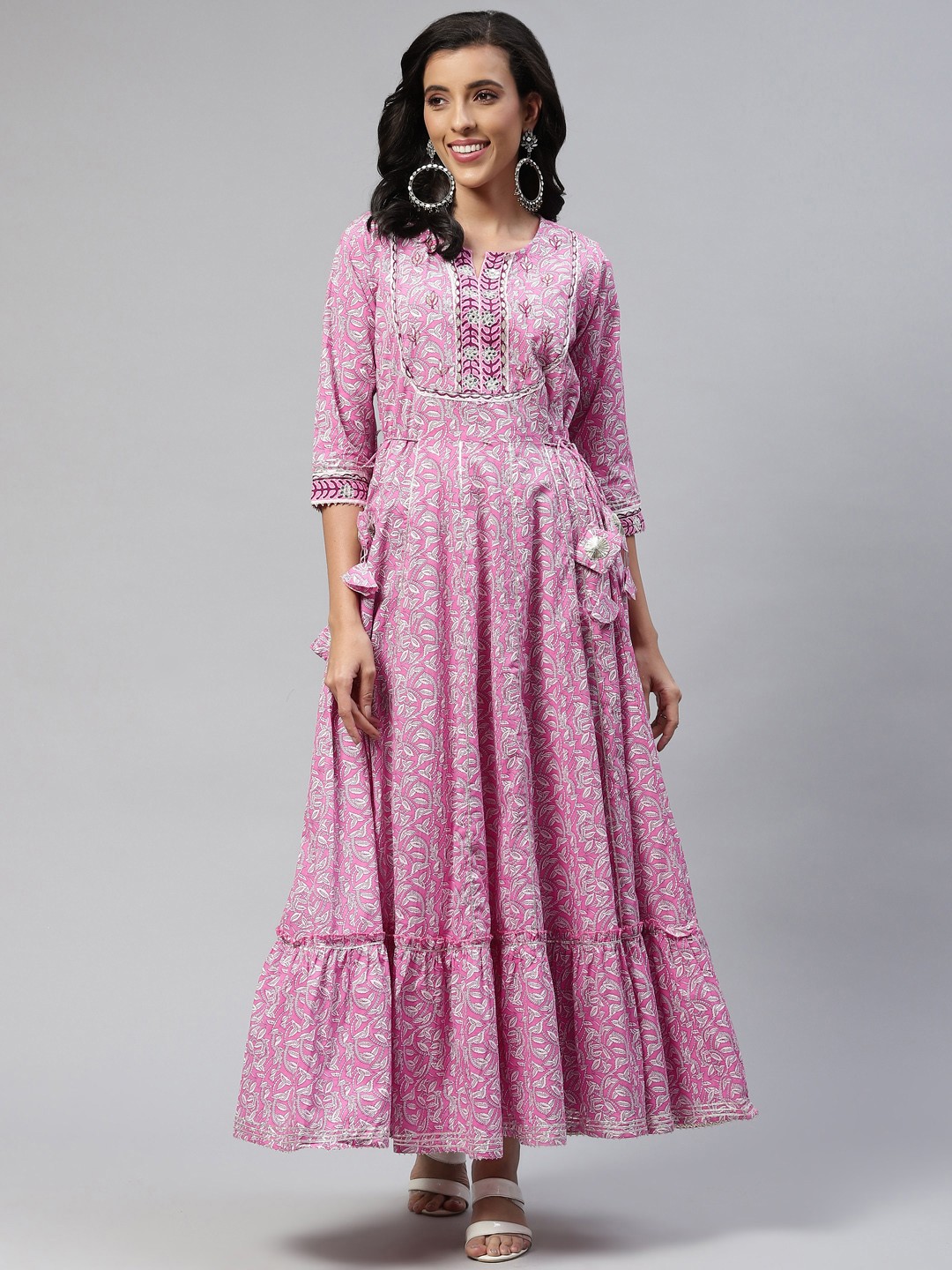 

Readiprint Fashions Pink Embroidered Tiered Maxi Ethnic Dress With Tie-Up Detail