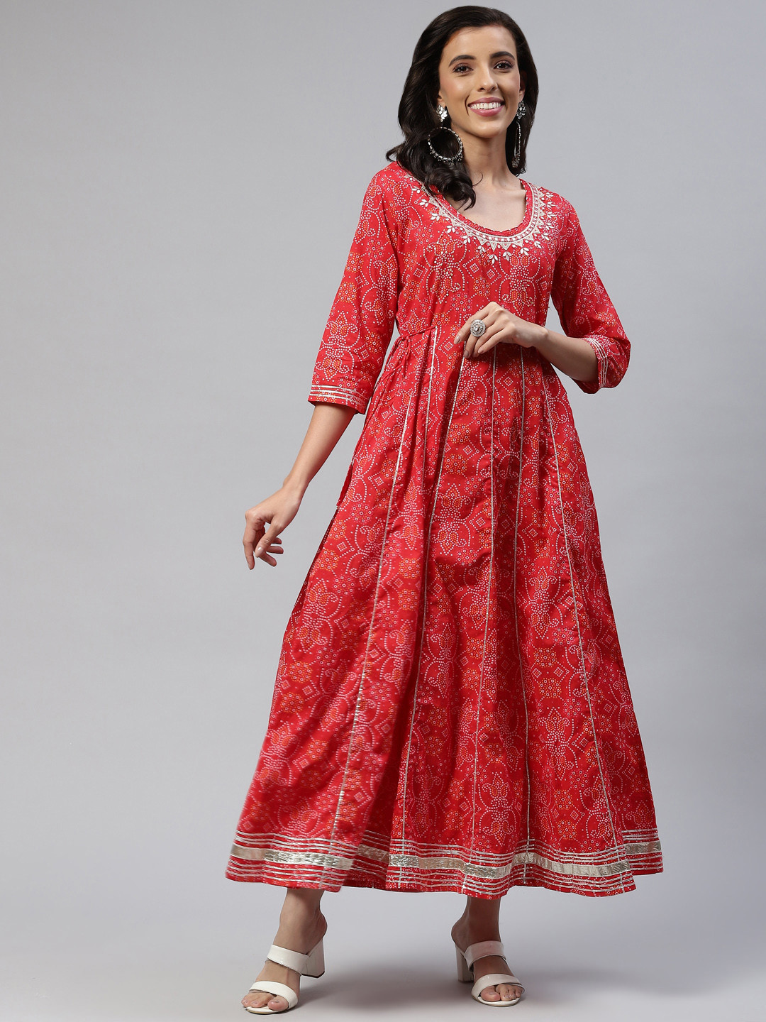 

Readiprint Fashions Red Cotton Bandhani Embroidered Maxi Ethnic Dress With Tie-Up Detail