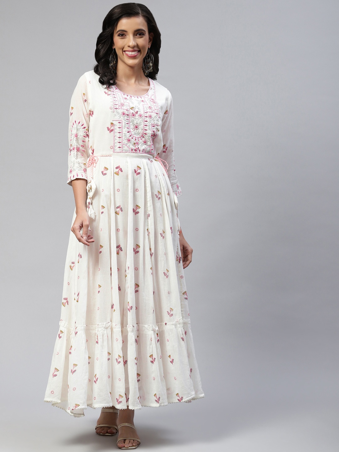 

Readiprint Fashions White Cotton Floral Embroidered Tiered Maxi Ethnic Dress With Tie Ups