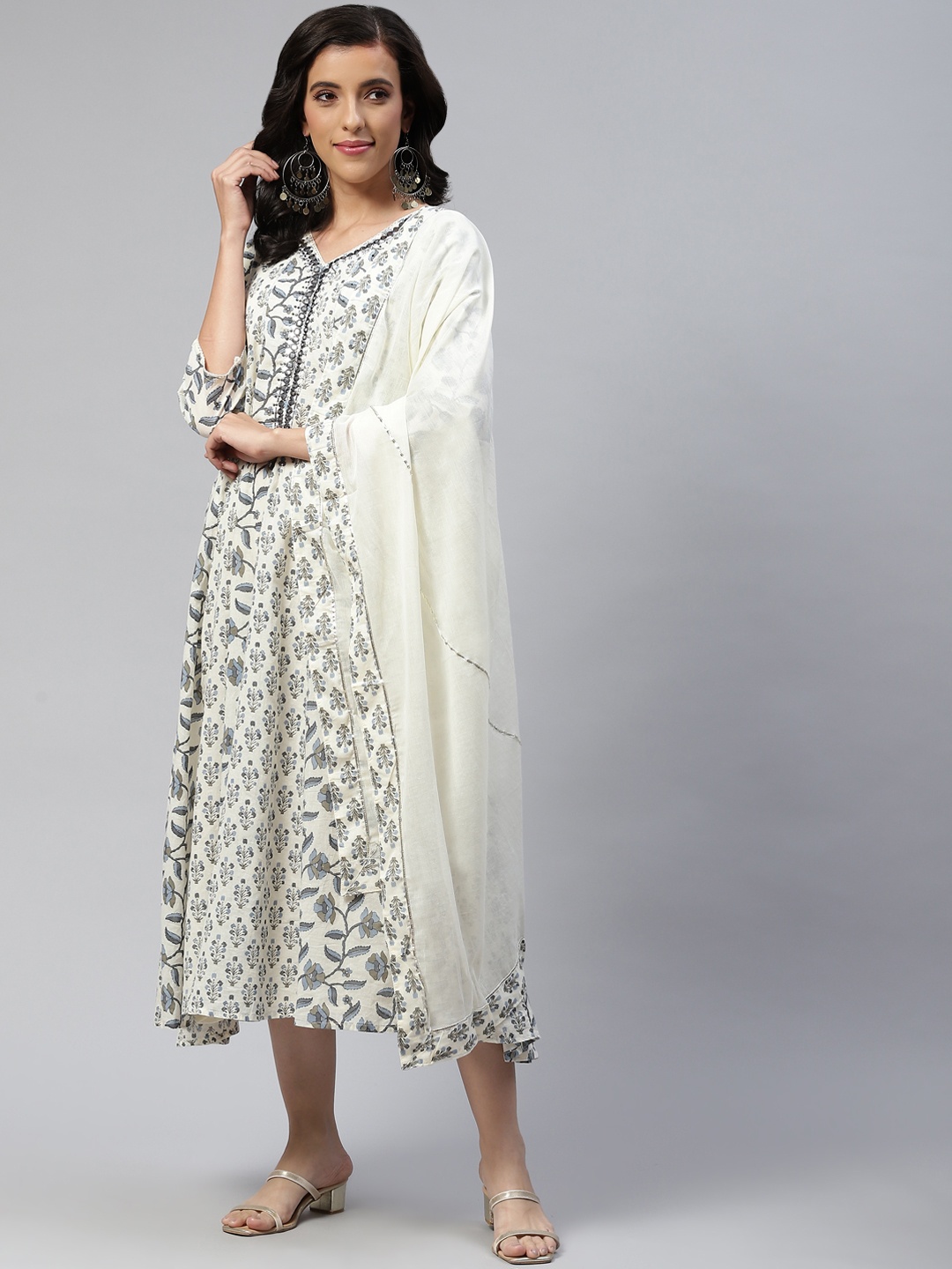 

Readiprint Fashions Cream-Coloured Floral Embroidered Ethnic Maxi Dress