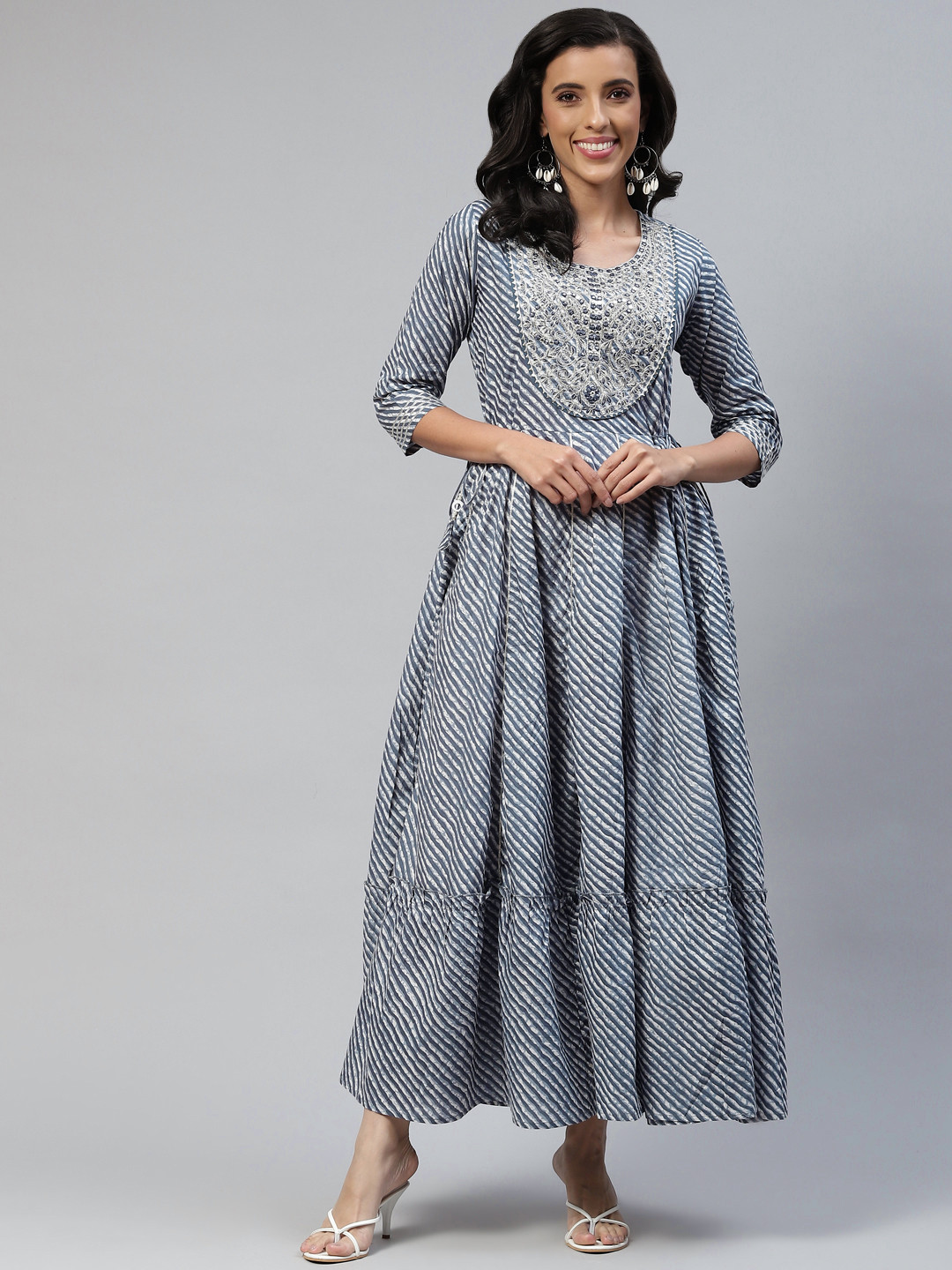 

Readiprint Fashions Grey & White Cotton Leheriya Embroidered Tiered Ethnic Maxi Dress