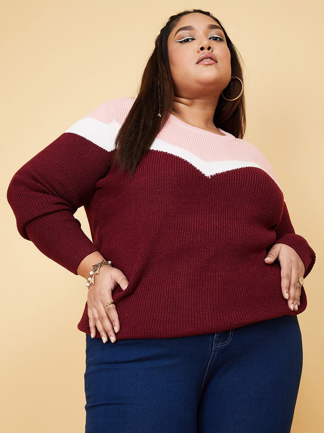 

max Women Red & Pink Colourblocked Colourblocked Pullover