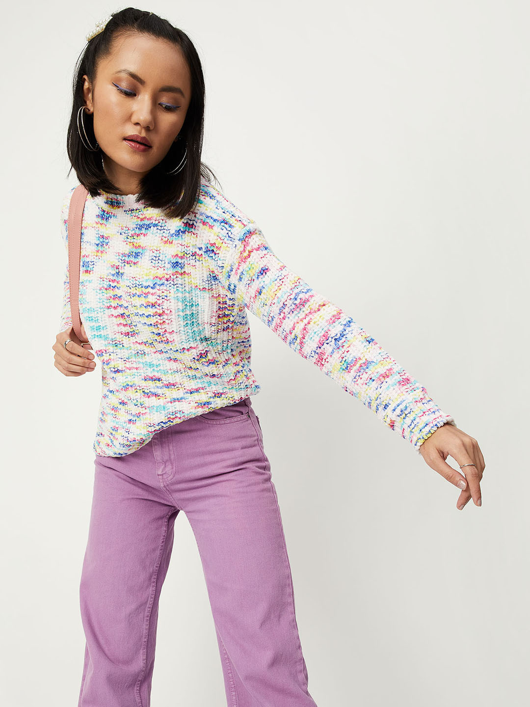 

max Women Cream-Coloured & Blue Cable Knit Pullover