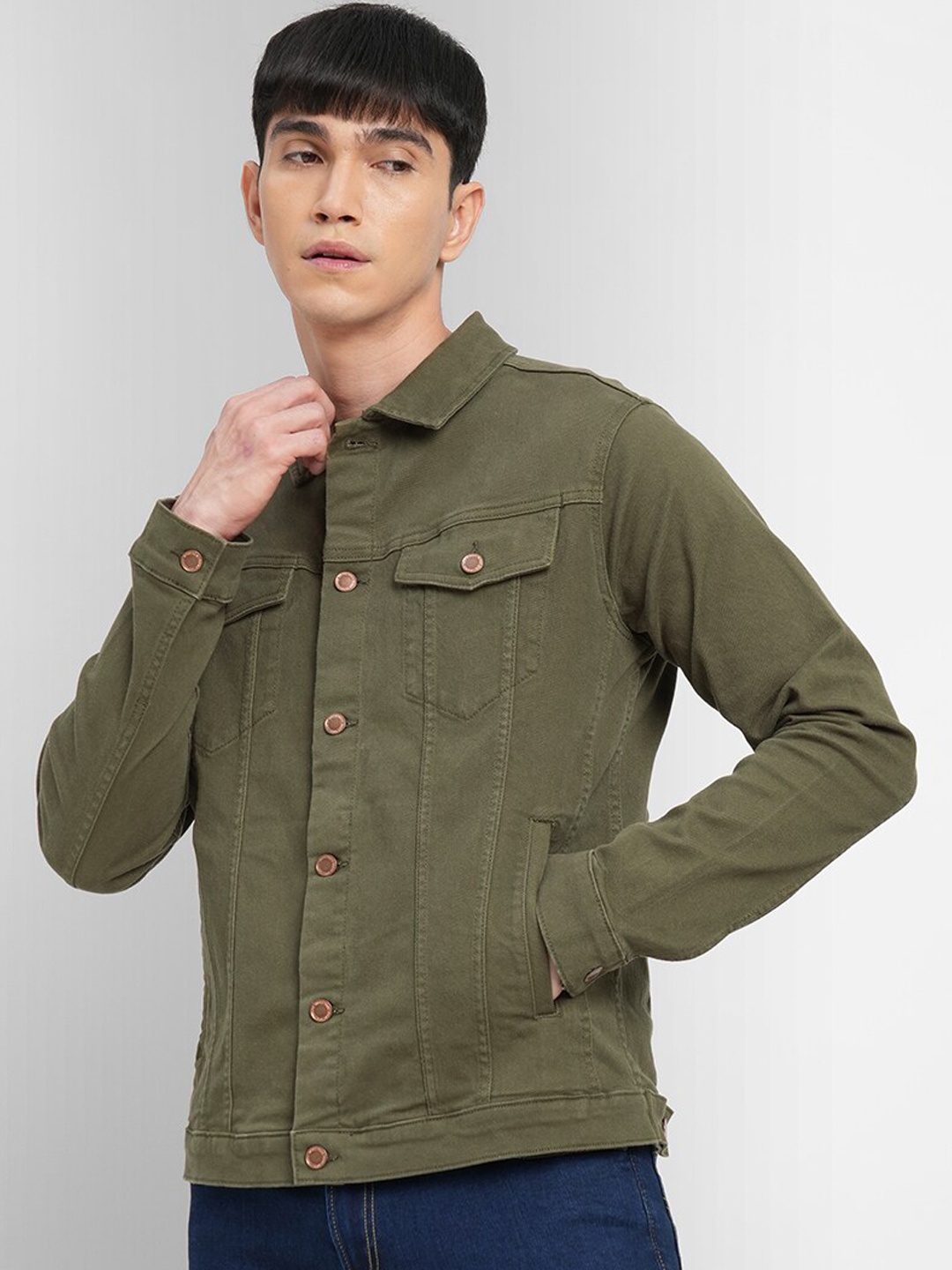 

Jack & Jones Men Green Longline Denim Jacket with Patchwork