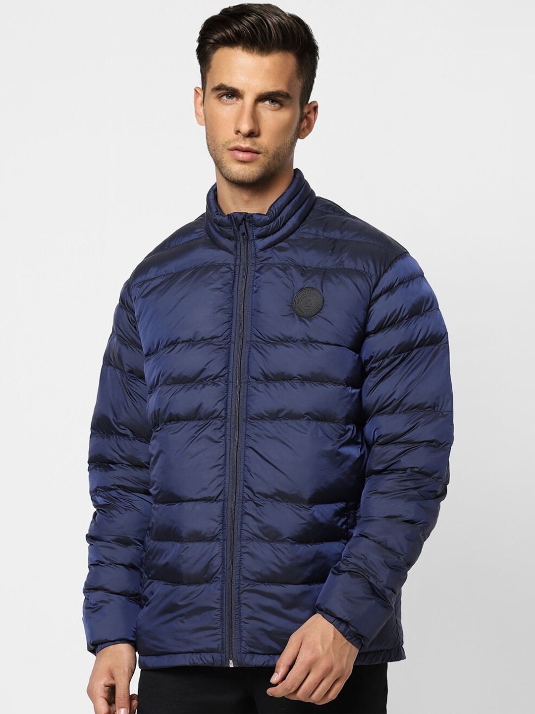 

Jack & Jones Men Blue Camouflage Checked Bomber Jacket