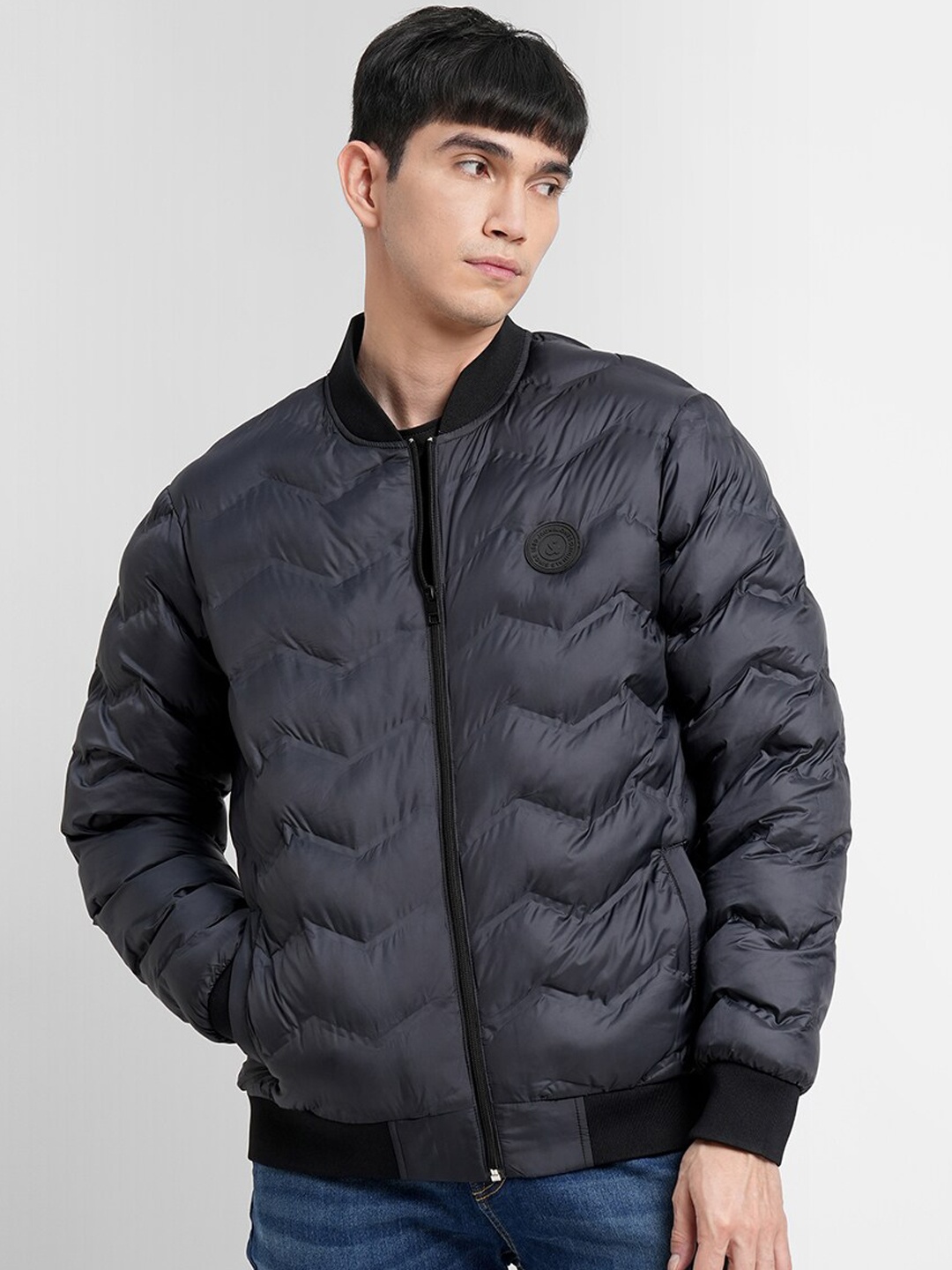 

Jack & Jones Men Grey Camouflage Puffer Jacket with Patchwork