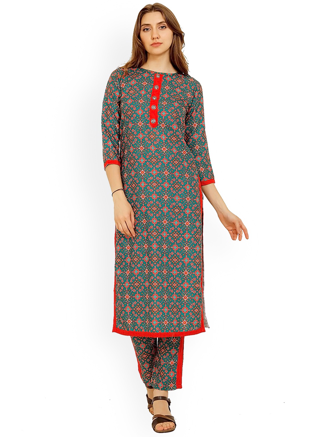 MISS AYSE Women Green Ethnic Motifs Printed Kurta with Trousers