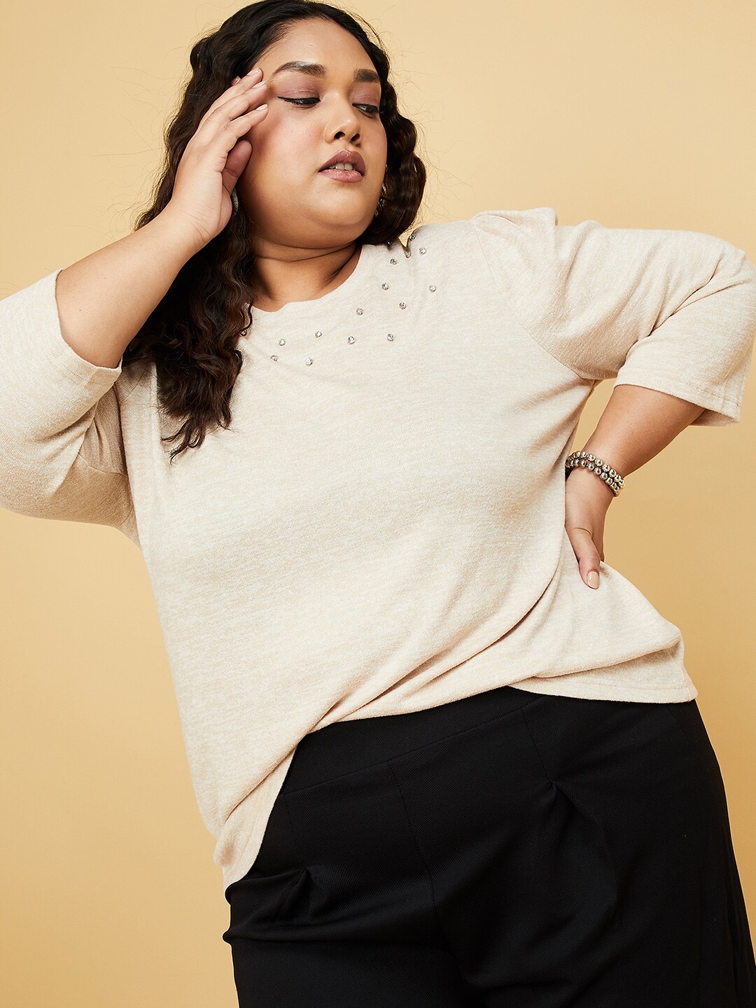 

max Plus Size Beige Round Neck Top