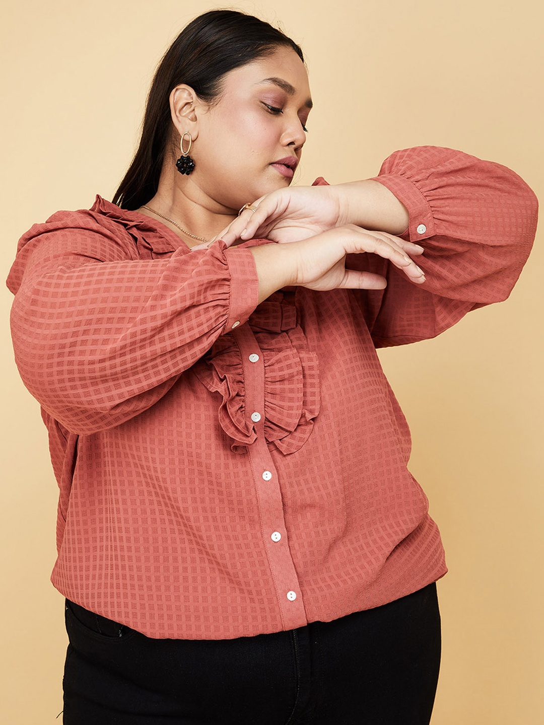 

max Rust Checked Ruffles Top