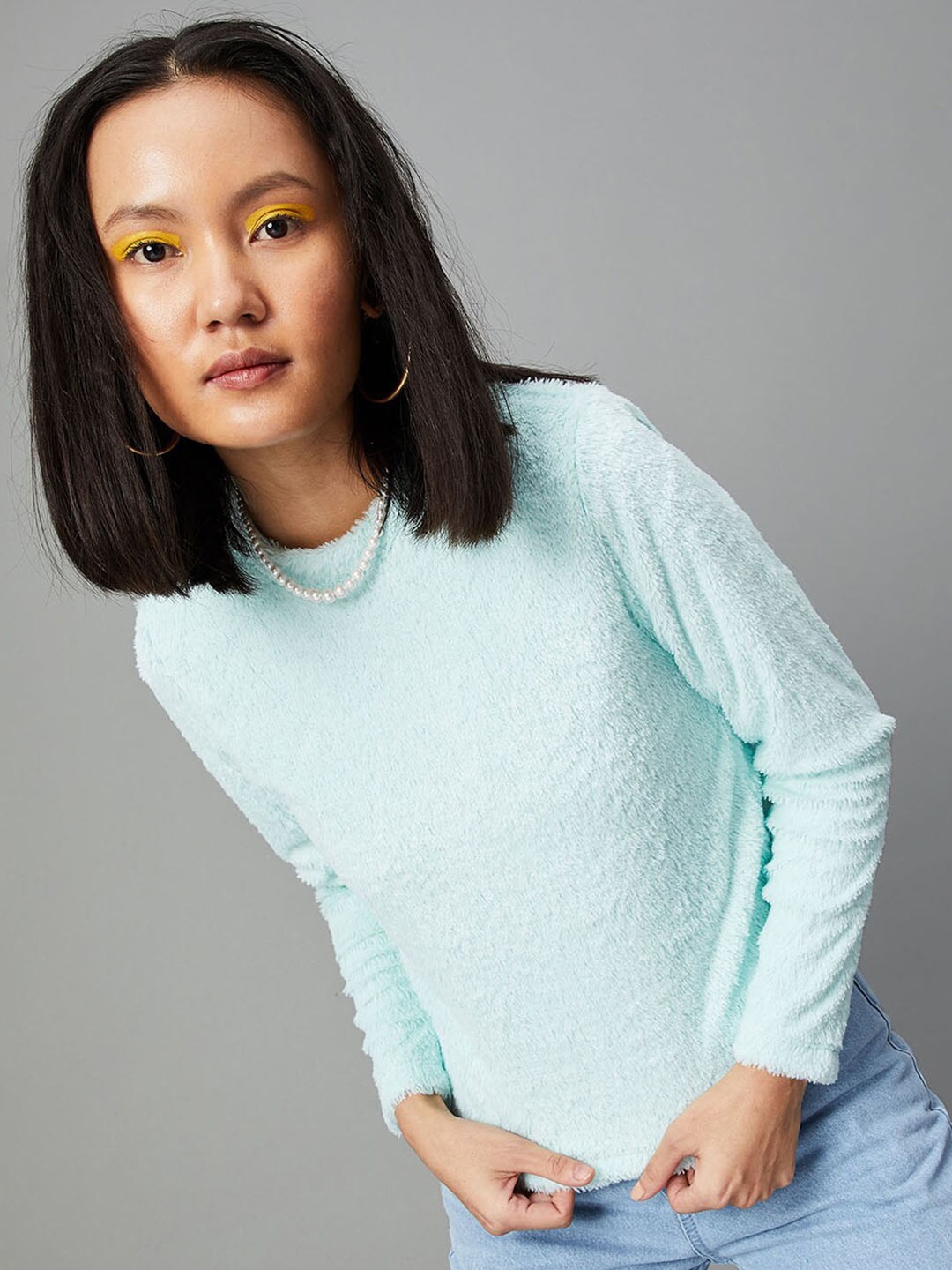 

max Women Blue Polyester Pullover with Fuzzy Detail