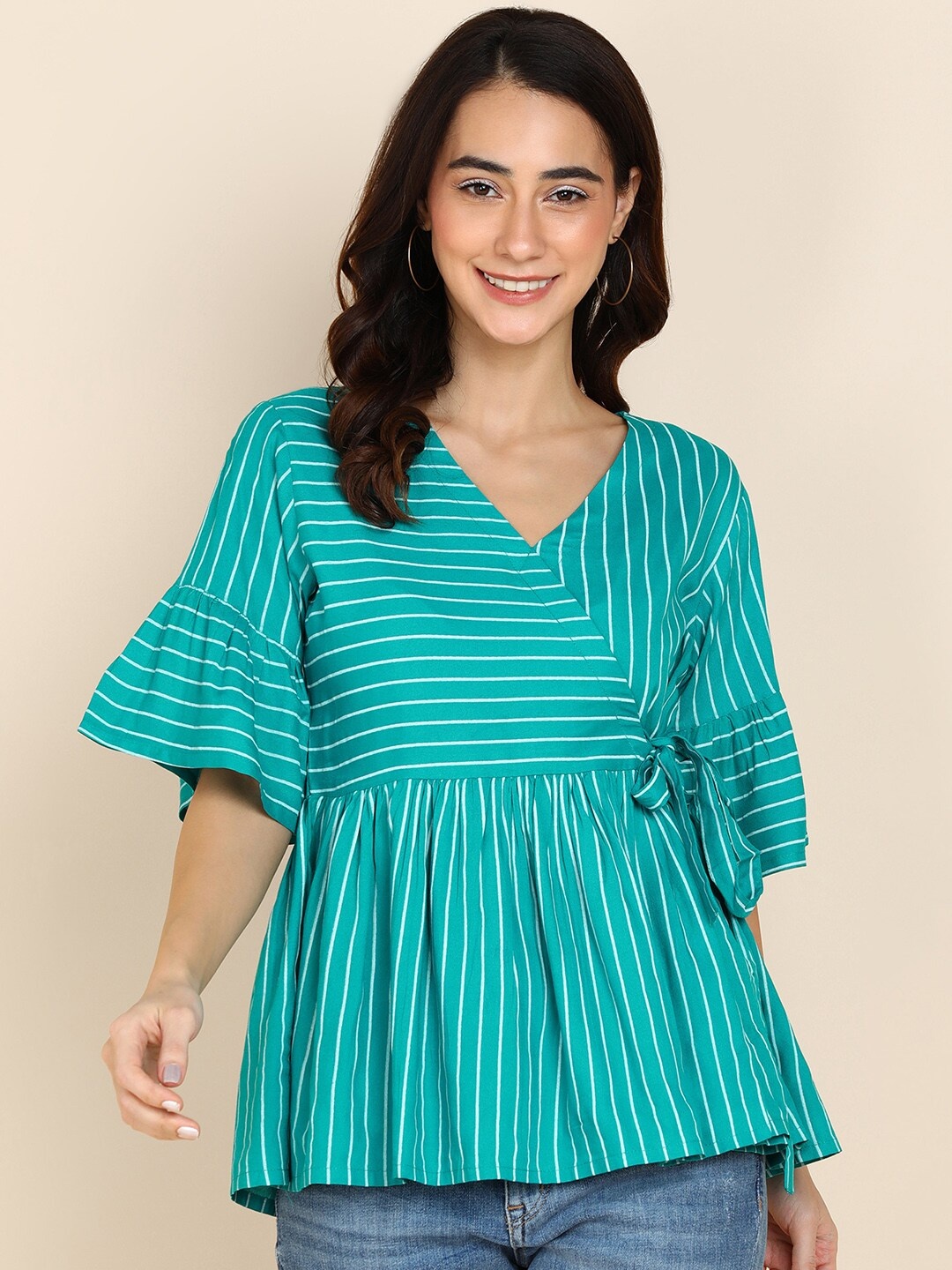 

Sangria Green Striped Crepe Wrap Top