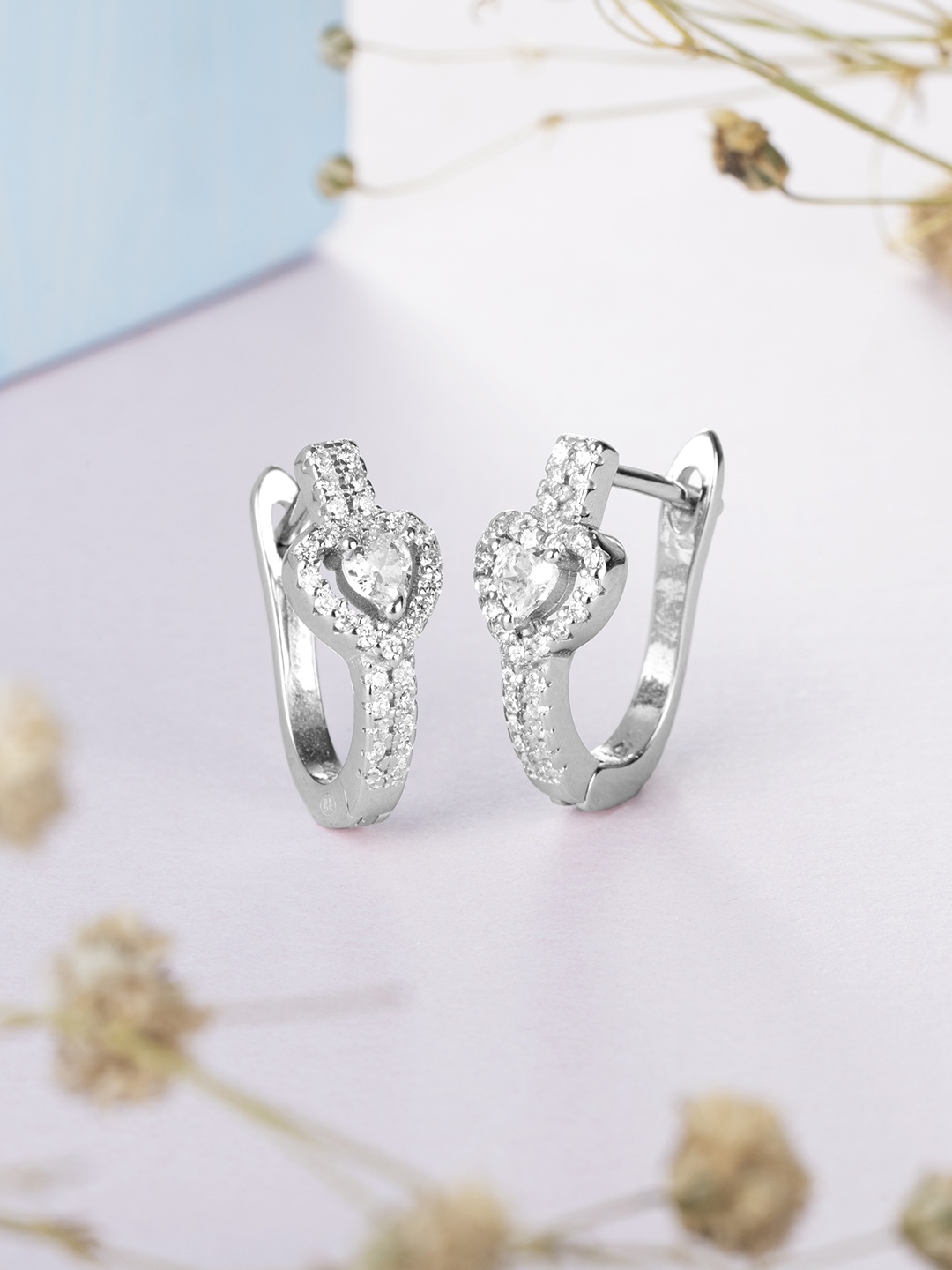 

Zavya Silver-Toned Rhodium-Plated Heart Shaped Hoop Earrings