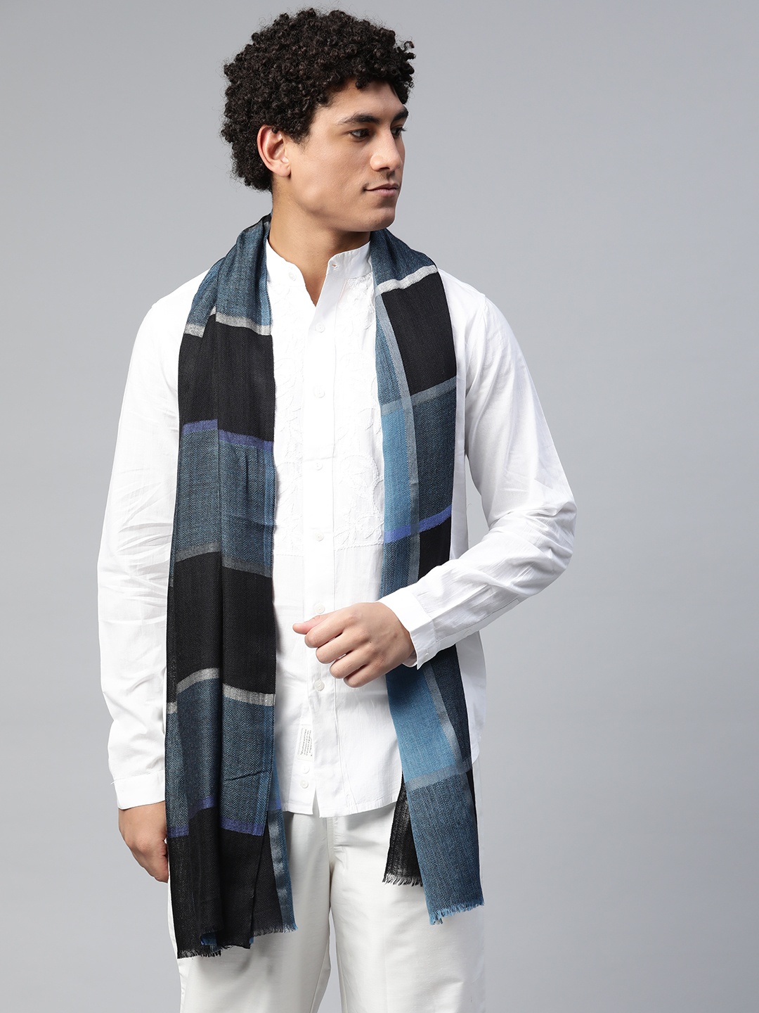 

MODARTA Men Blue & Black Checked Fringed Hem Shawl