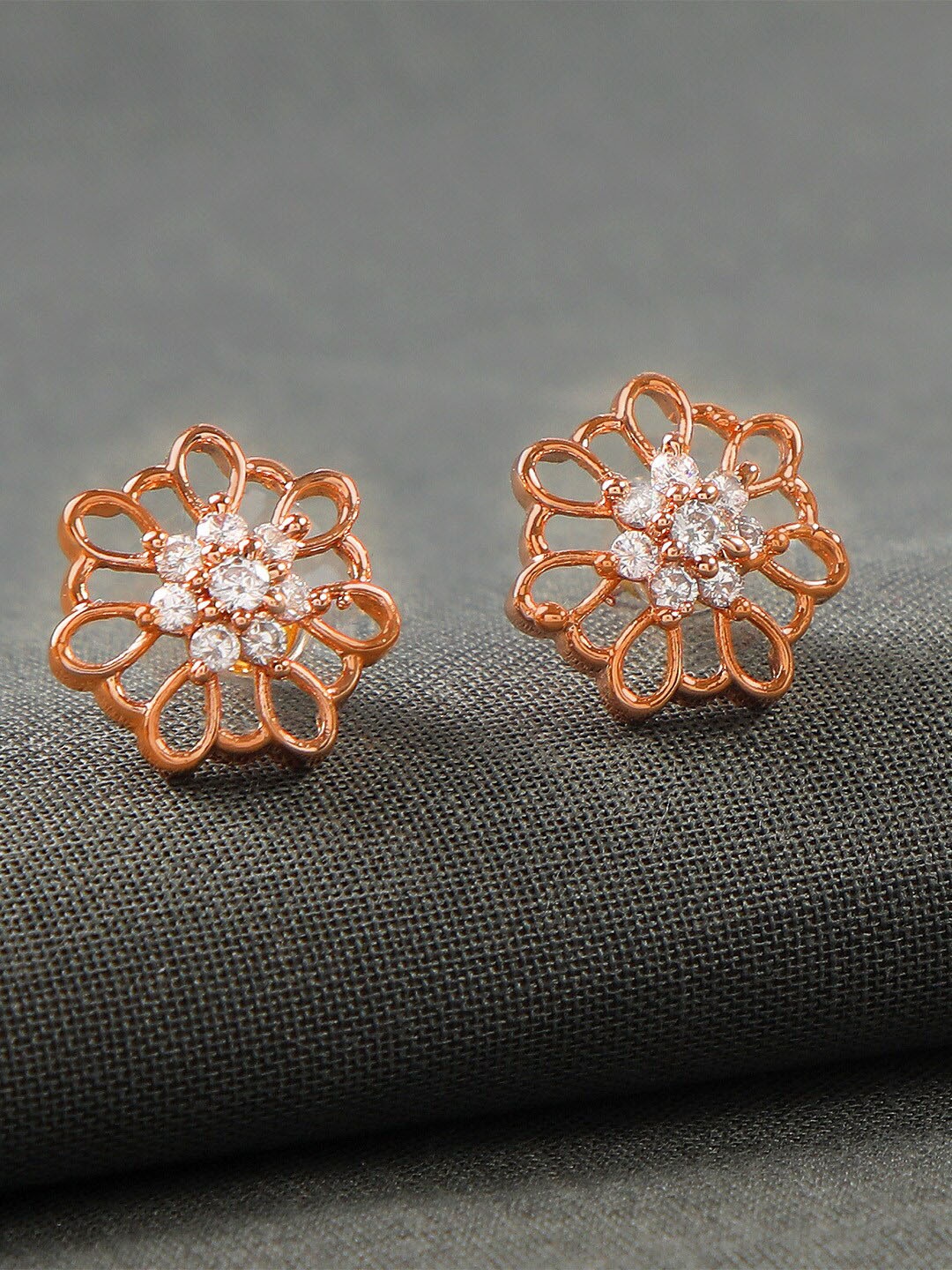 

ZINU Women White Cubic Zirconia studded Rose Gold Plated Floral Studs