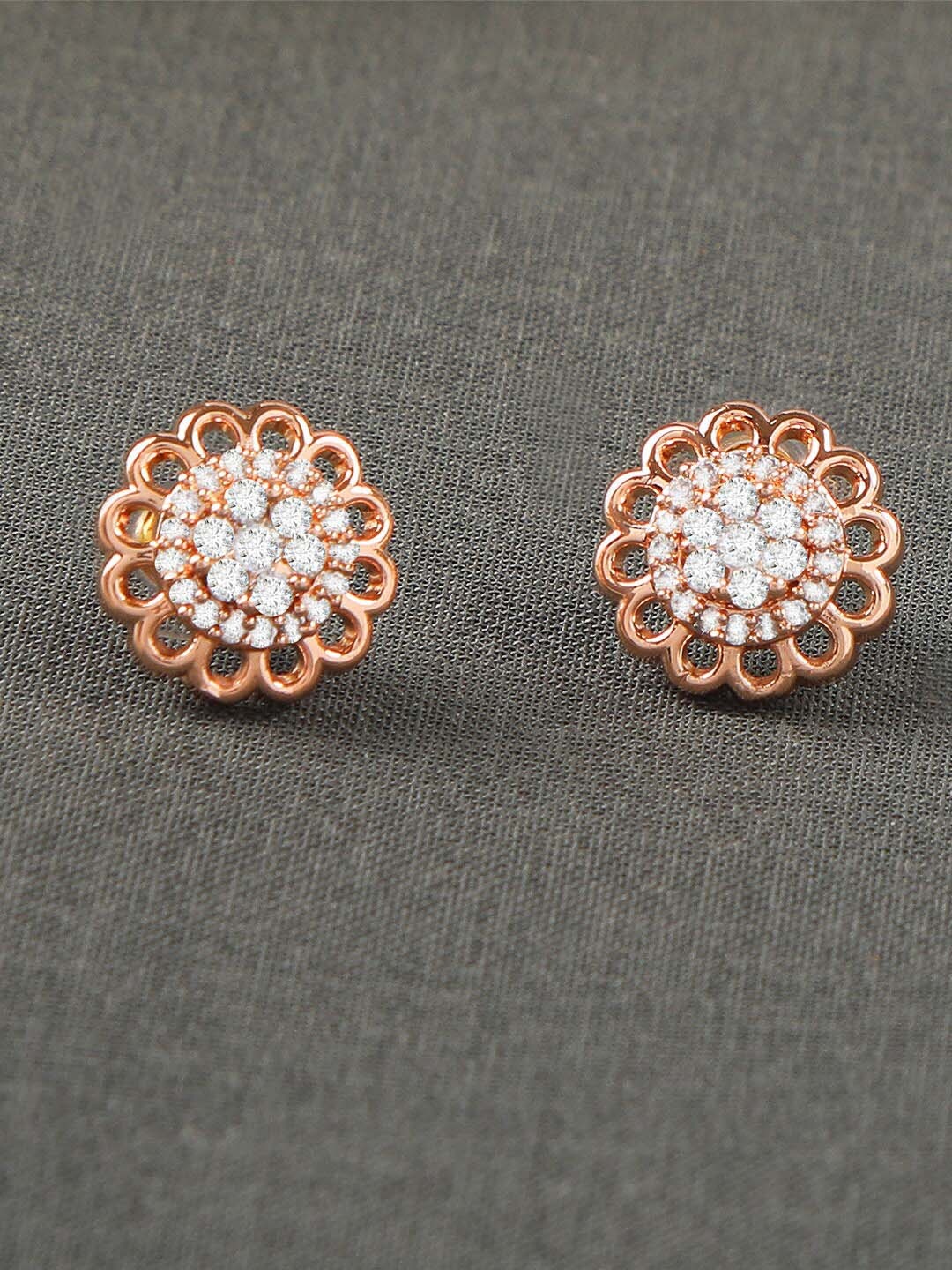 

ZINU Women White Cubic Zirconia studded Rose Gold Plated Floral Studs