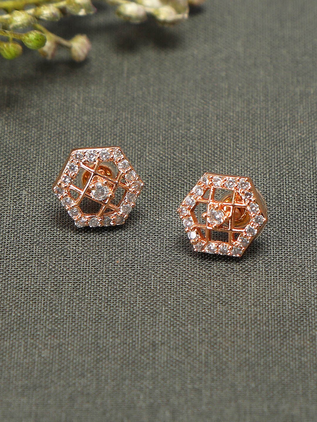 

ZINU Women White Cubic Zirconia studded Rose Gold Plated Studs