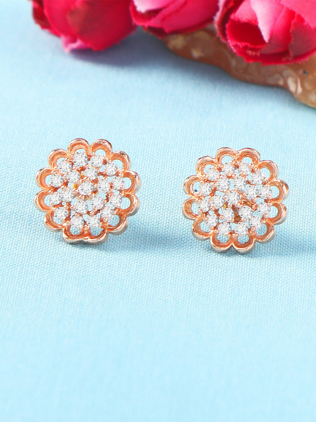 

ZINU Women White Cubic Zirconia studded Rose Gold Plated Floral Studs